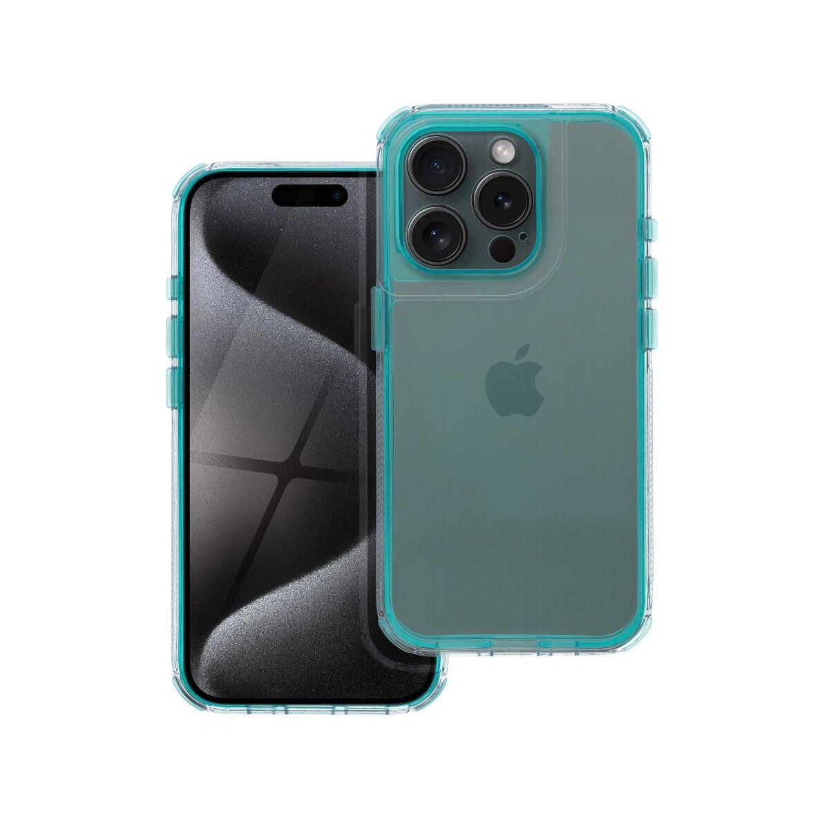 Telefono nero con custodia verde acqua sul davanti e sul retro.