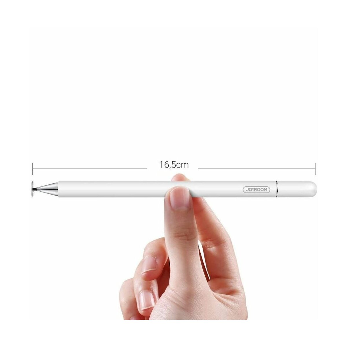 Ein weißer Stift, der von einer Hand gehalten wird. Der Stift ist 16,5 cm lang und hat eine silberne Spitze.