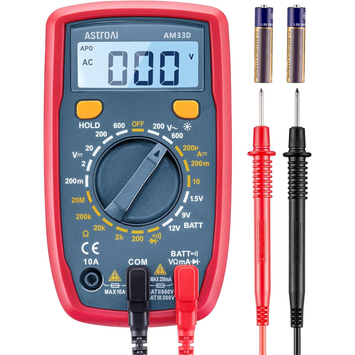 Rotes Multimeter mit schwarzen und roten Sonden und zwei Batterien. Es hat eine Digitalanzeige.
