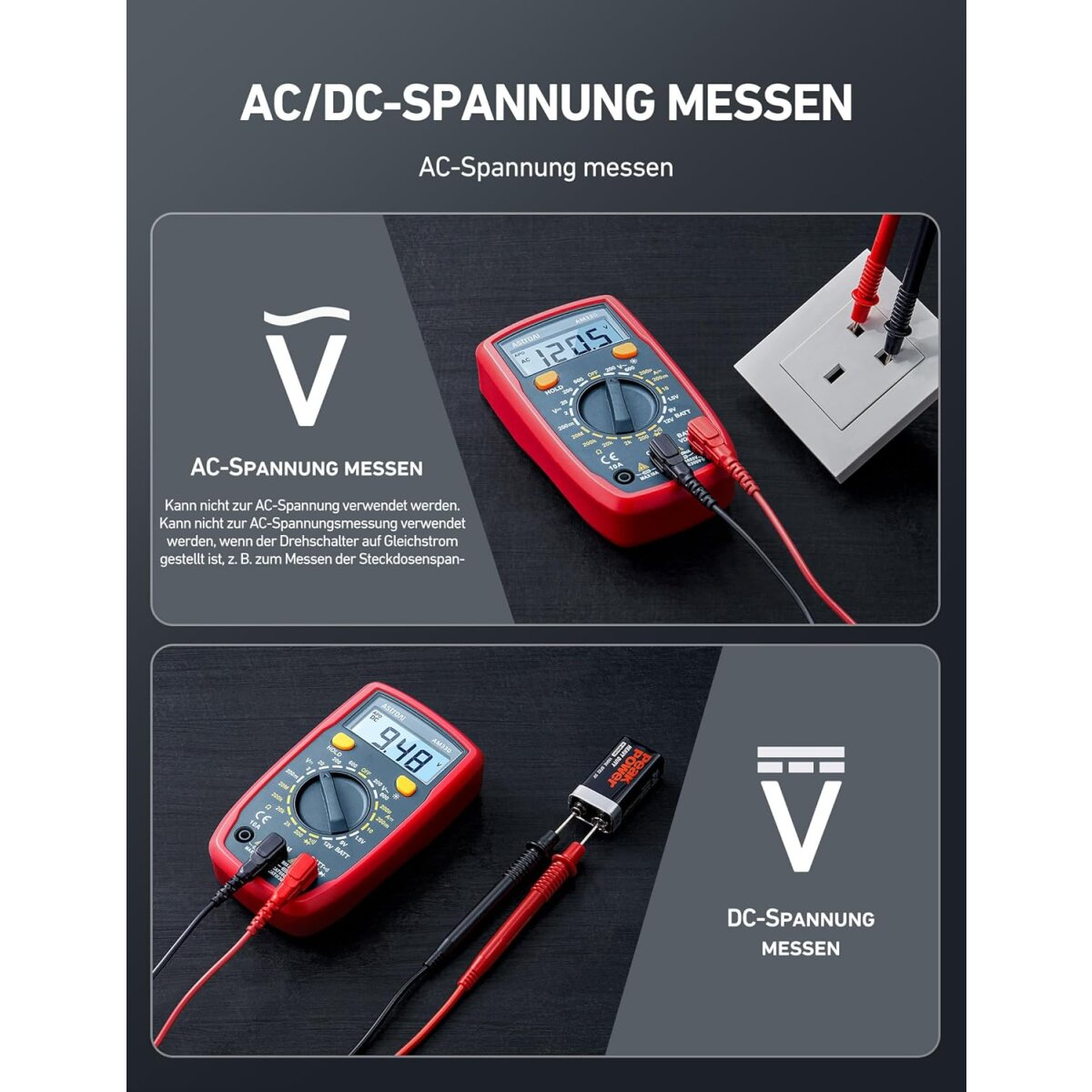 Multimeter misst AC/DC-Spannung. Rote und schwarze Sonden sind mit einer Steckdose und Batterie verbunden.