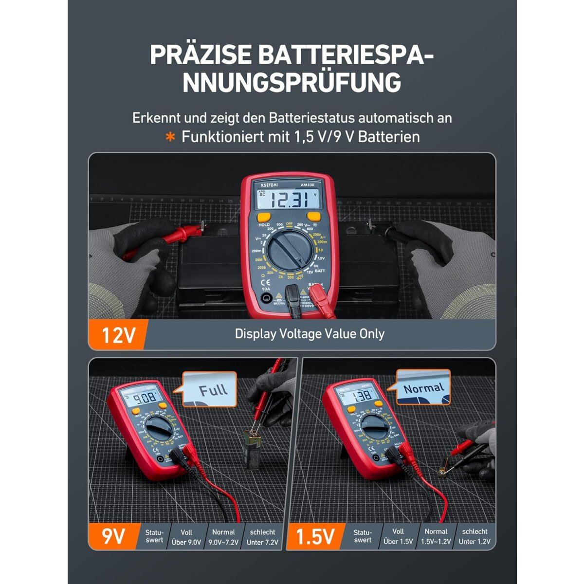 Multimeter zeigt Spannung. Zeigt den Batteriestatus von 9 V und 1,5 V an.
