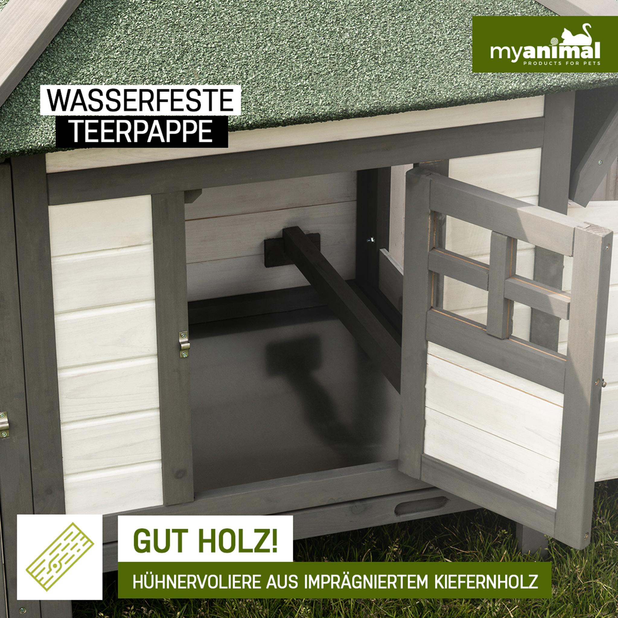 Hühnerstall aus Holz mit offener Tür. Grünes Dach. Text: wasserfeste Teerpappe, gut Holz!