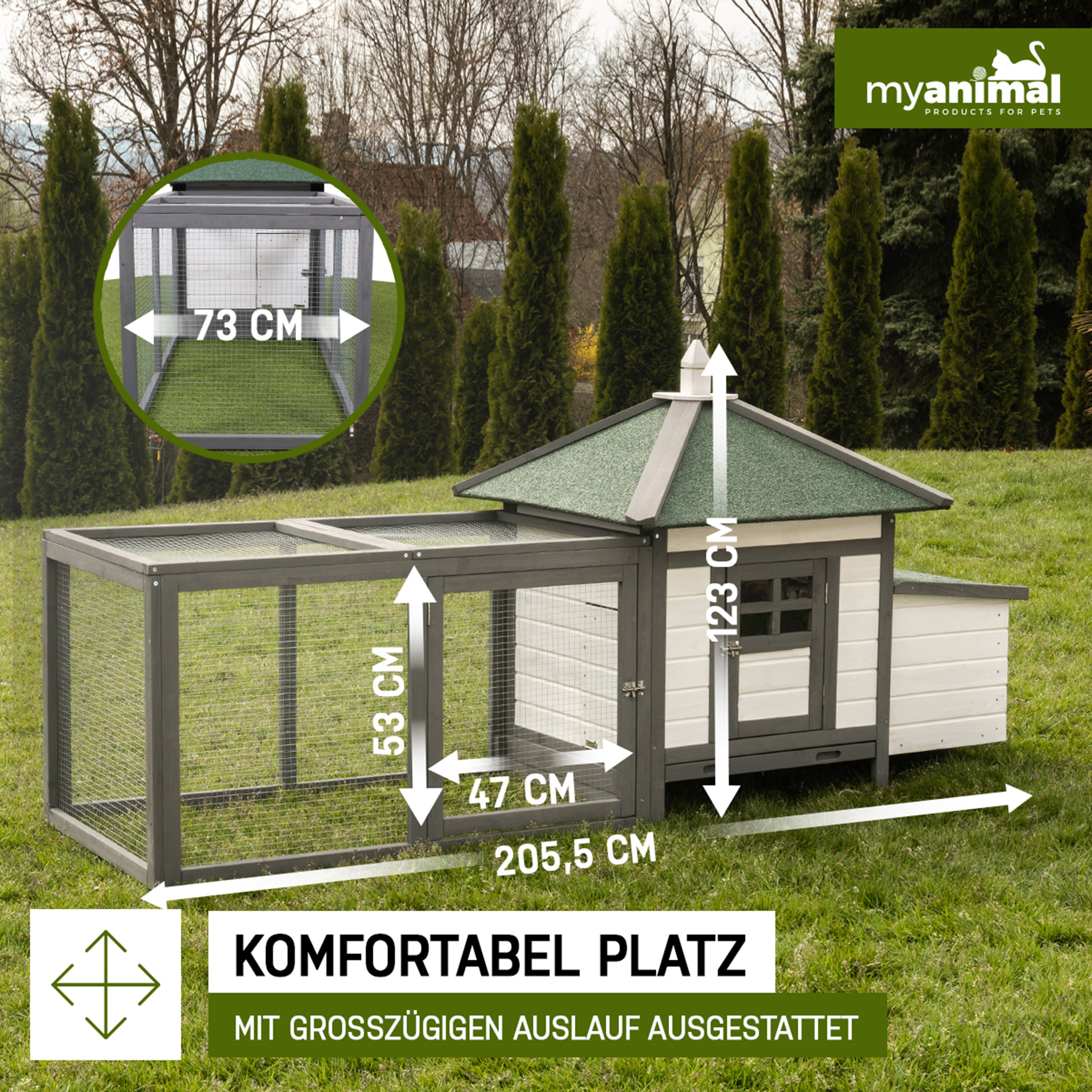 Ein großer Hühnerstall aus Holz mit Abmessungen, die durch weiße Pfeile angezeigt werden.
