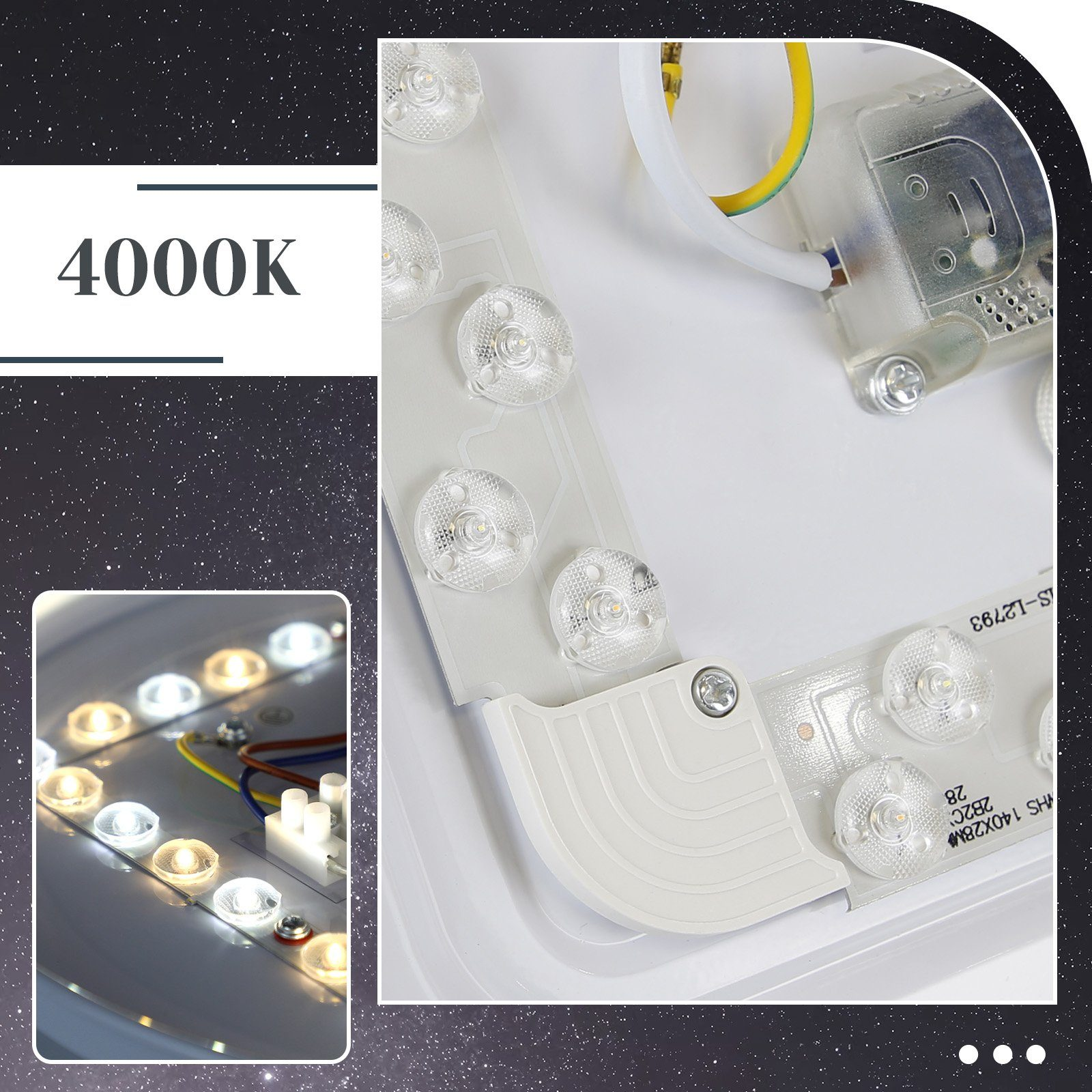 Zbliżenie na światła LED na białej powierzchni, z etykietą 4000K.