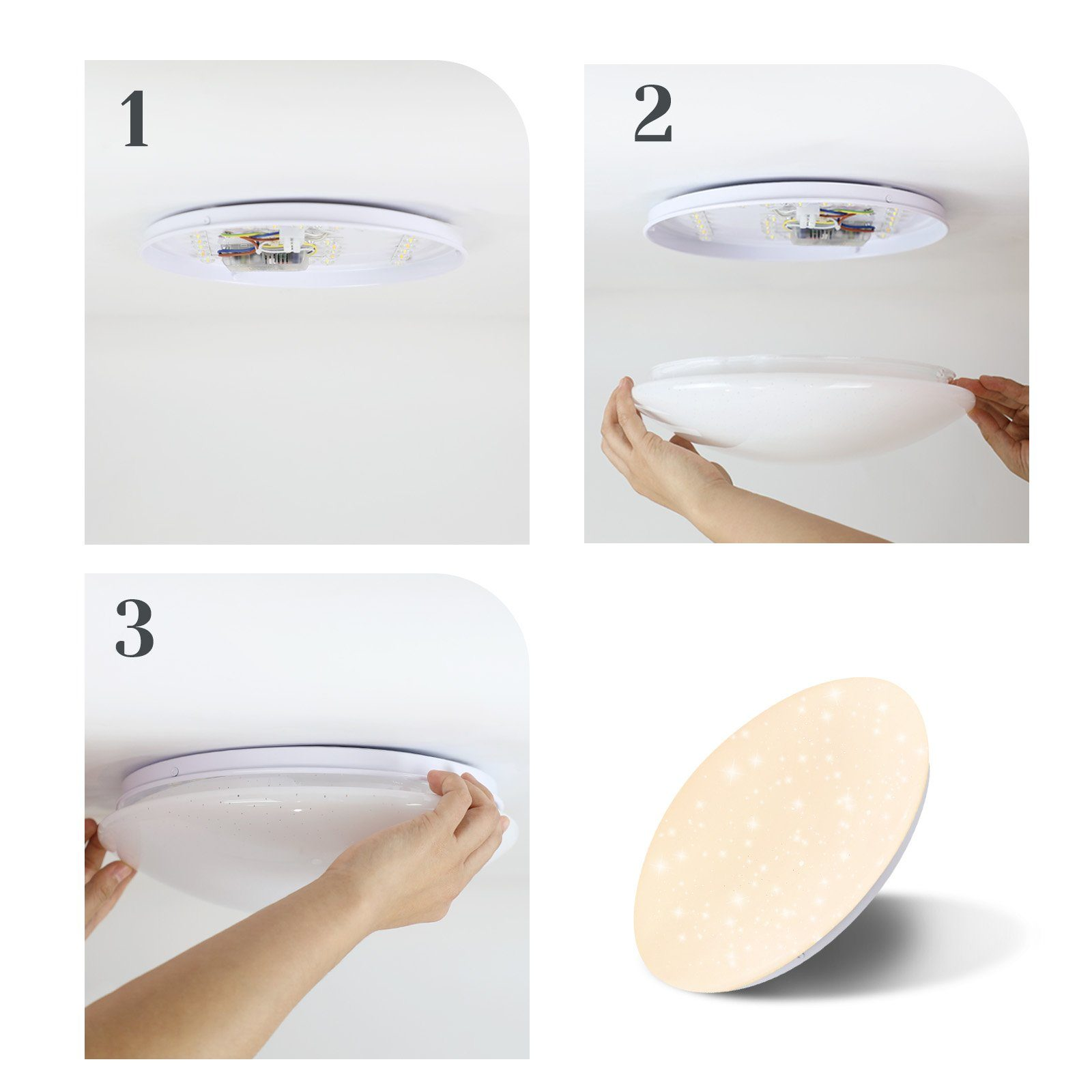 Kroki instalacji lampy sufitowej. 3 obrazy pokazują proces instalacji.