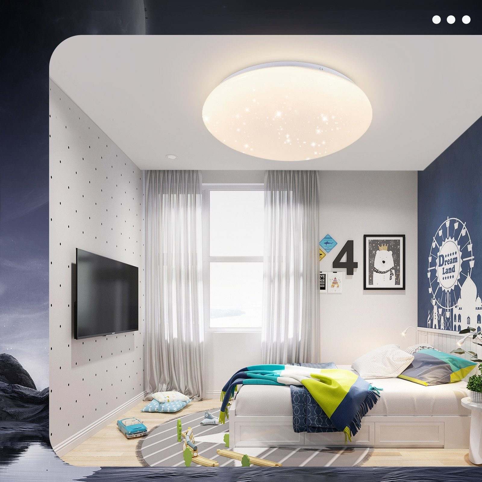 Sypialnia z oświetleniem sufitowym, łóżkiem i ciemnoniebieską ścianą.