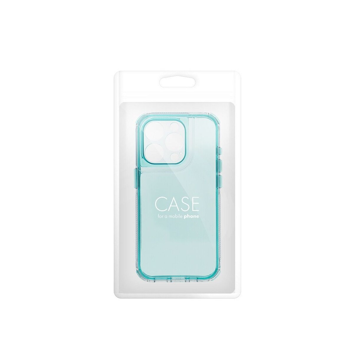 Custodia per telefono blu trasparente in confezione di plastica. L'etichetta recita 'CASE for a mobile phone'.
