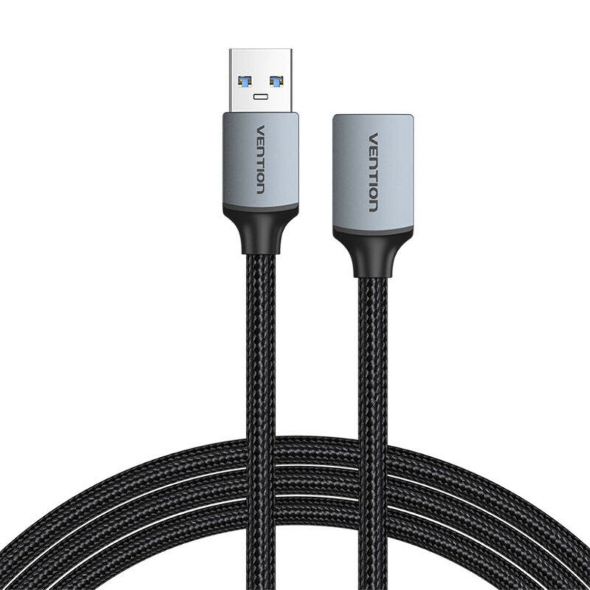 Zwarte en grijze VENTION USB-kabel met USB- en USB-A-connectoren.