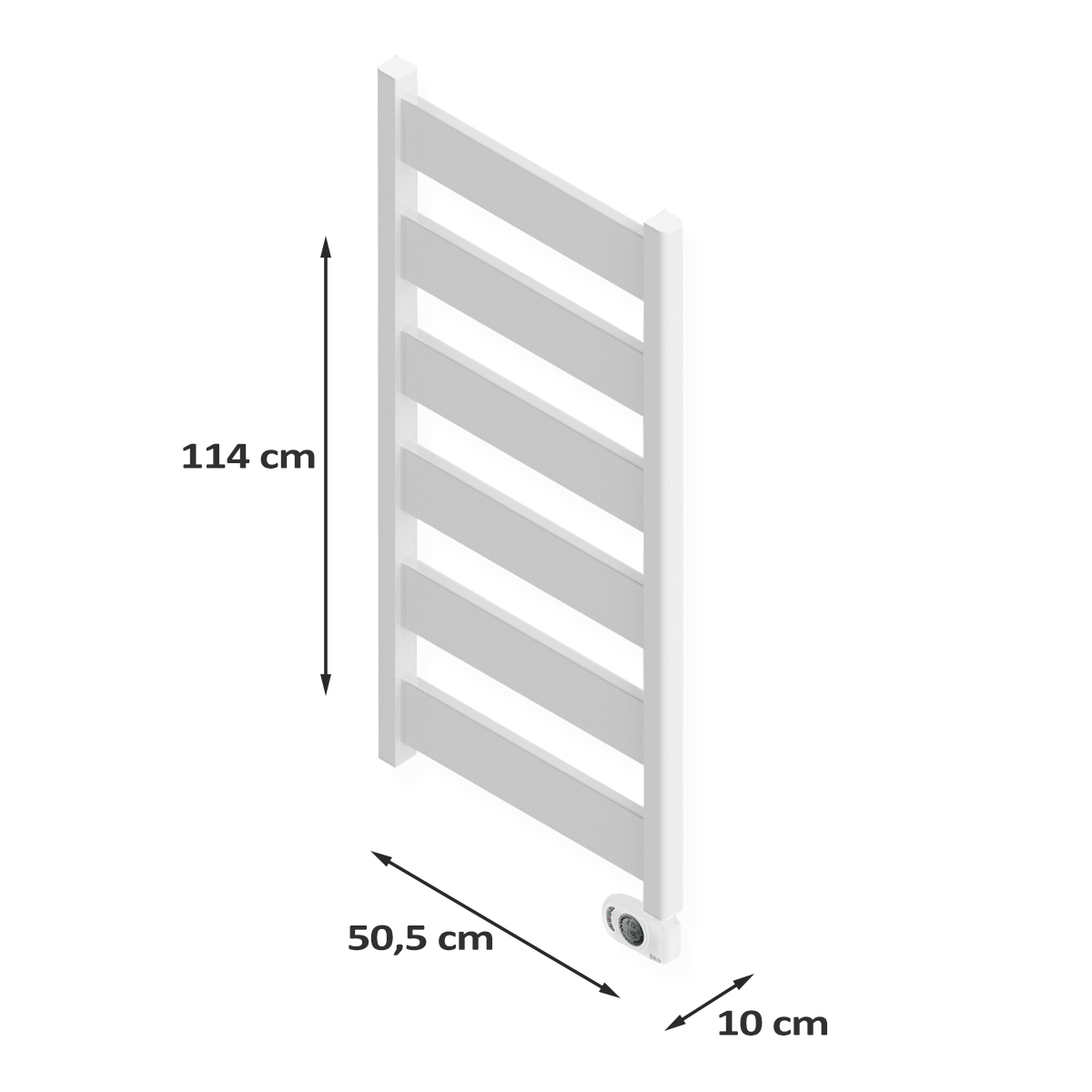 Calentador de toallas blanco con dimensiones 114cm x 50.5cm x 10cm. Flechas a cada lado.