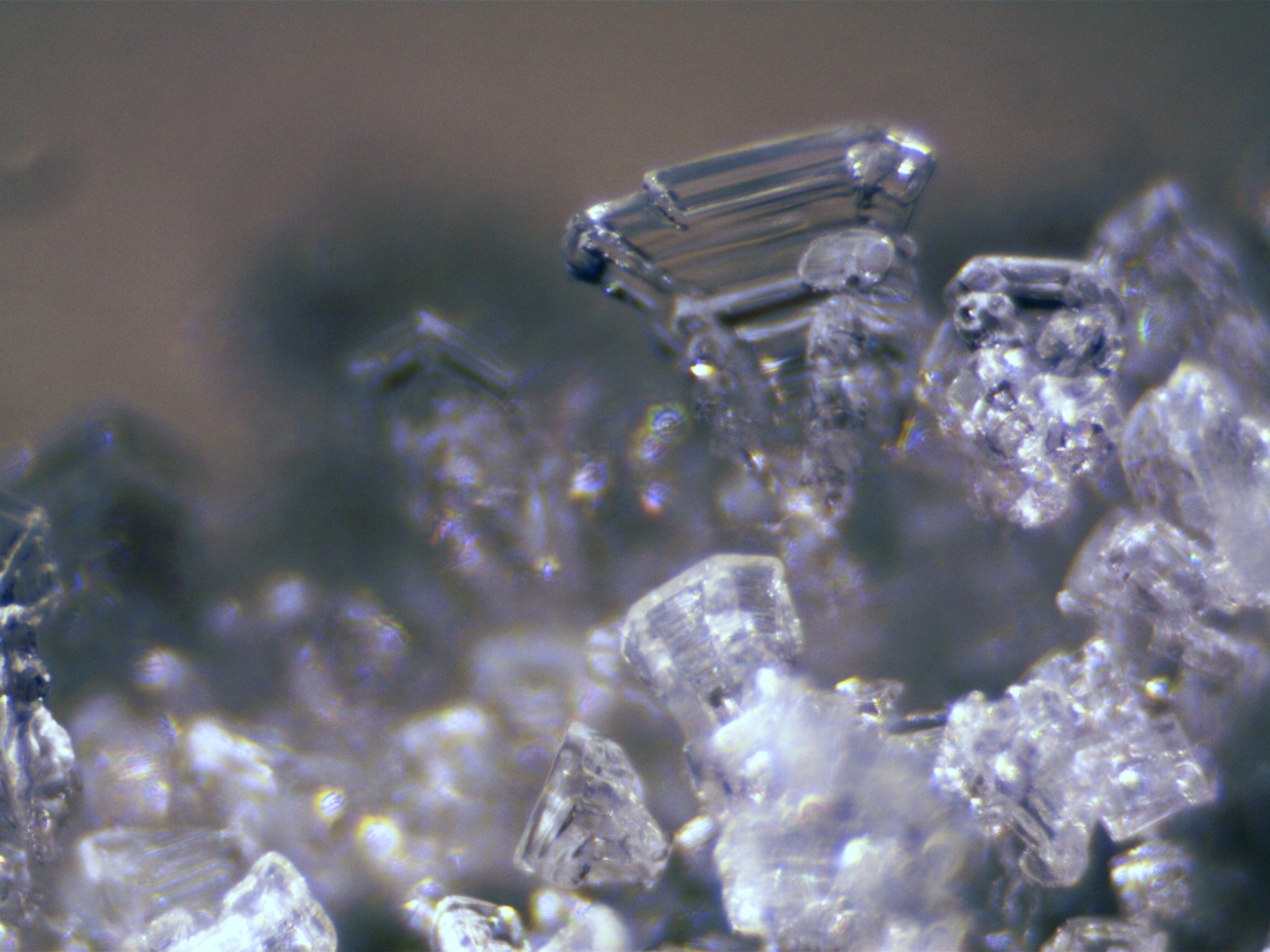 Primer plano de cristales de hielo. Tienen una estructura cristalina y reflejan la luz.