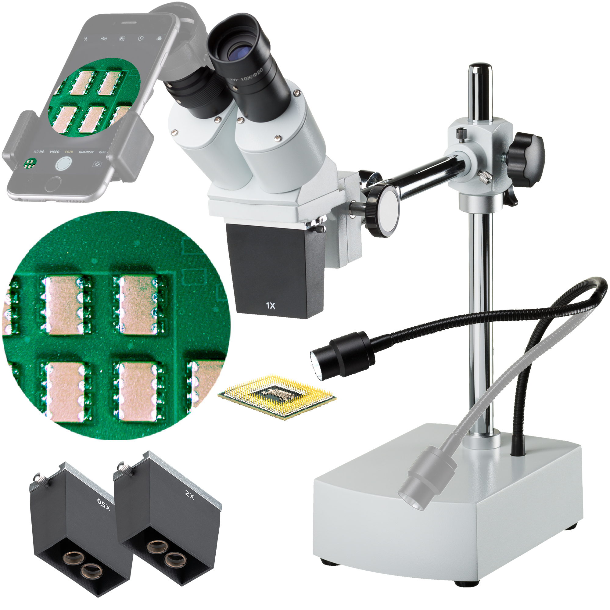 Stereomikroskop mit Telefonhalter, Leiterplatten-Nahaufnahme und zusätzlichen Linsen.