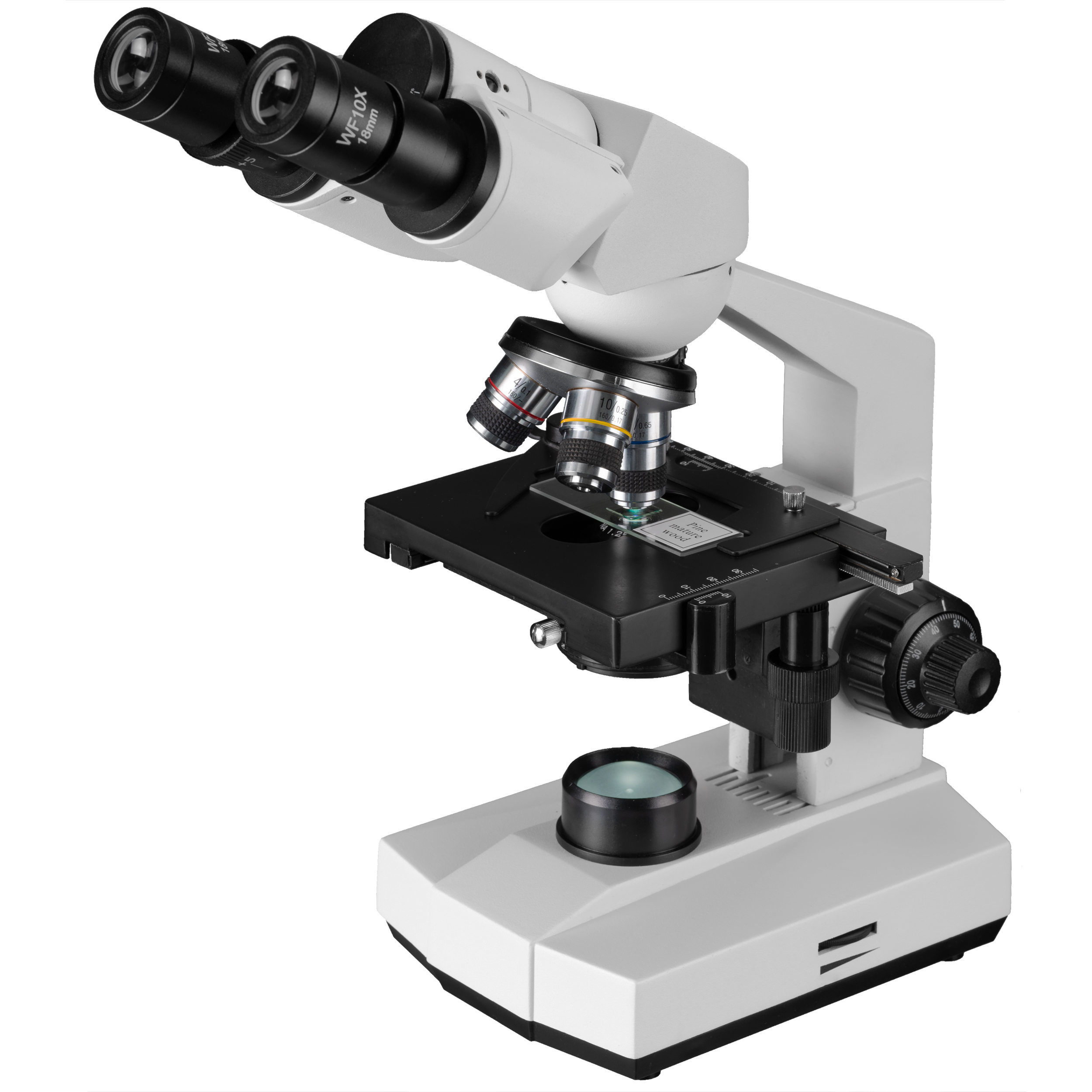 Un microscopio blanco con tres oculares y varias lentes de objetivo.