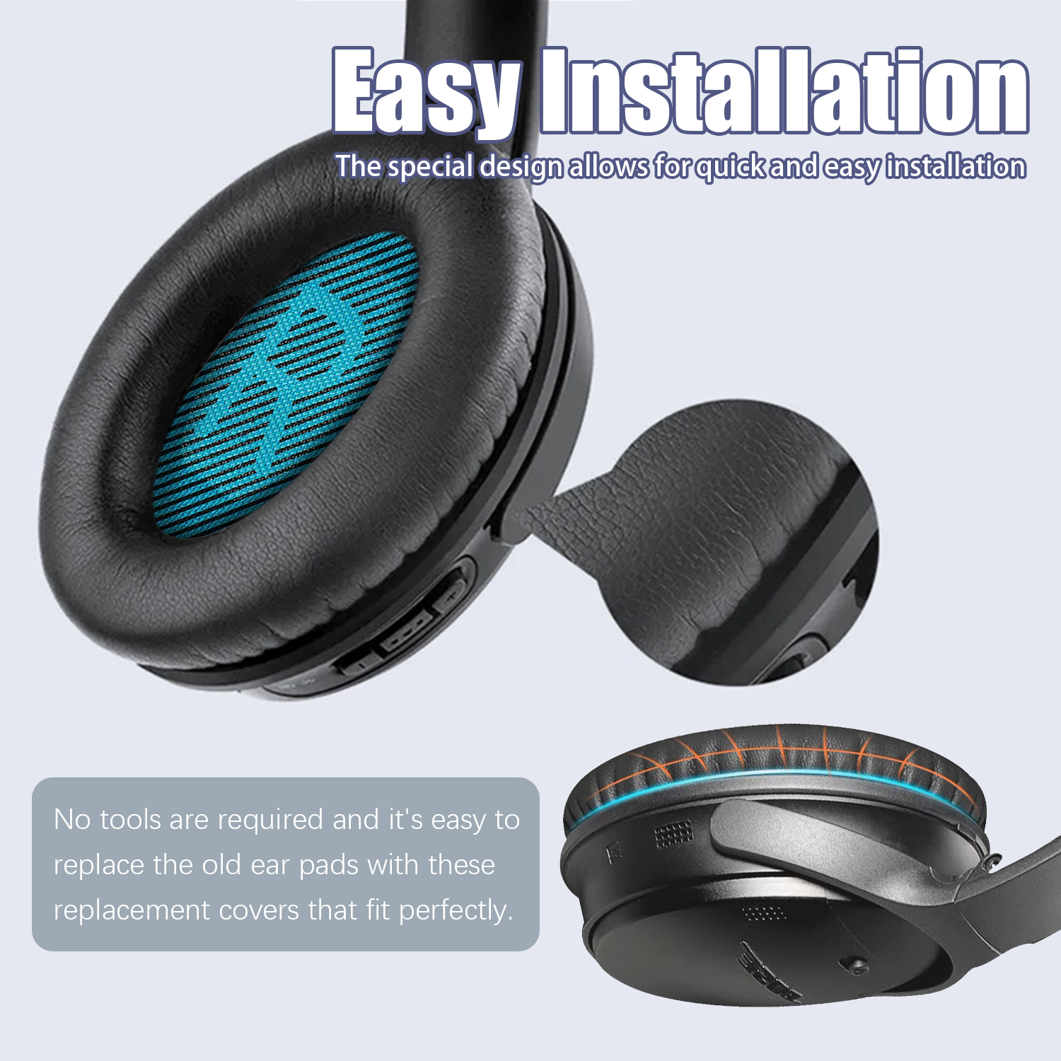 Czarne słuchawki ze szczegółowym widokiem na wkładki douszne, podkreślającym łatwość instalacji.