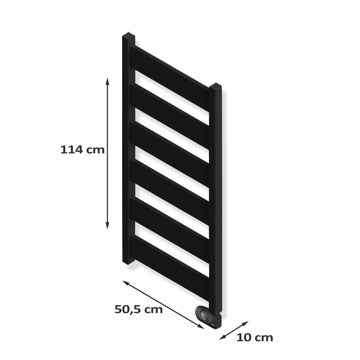 Toallero térmico negro, montado en la pared, con dimensiones y pantalla digital.