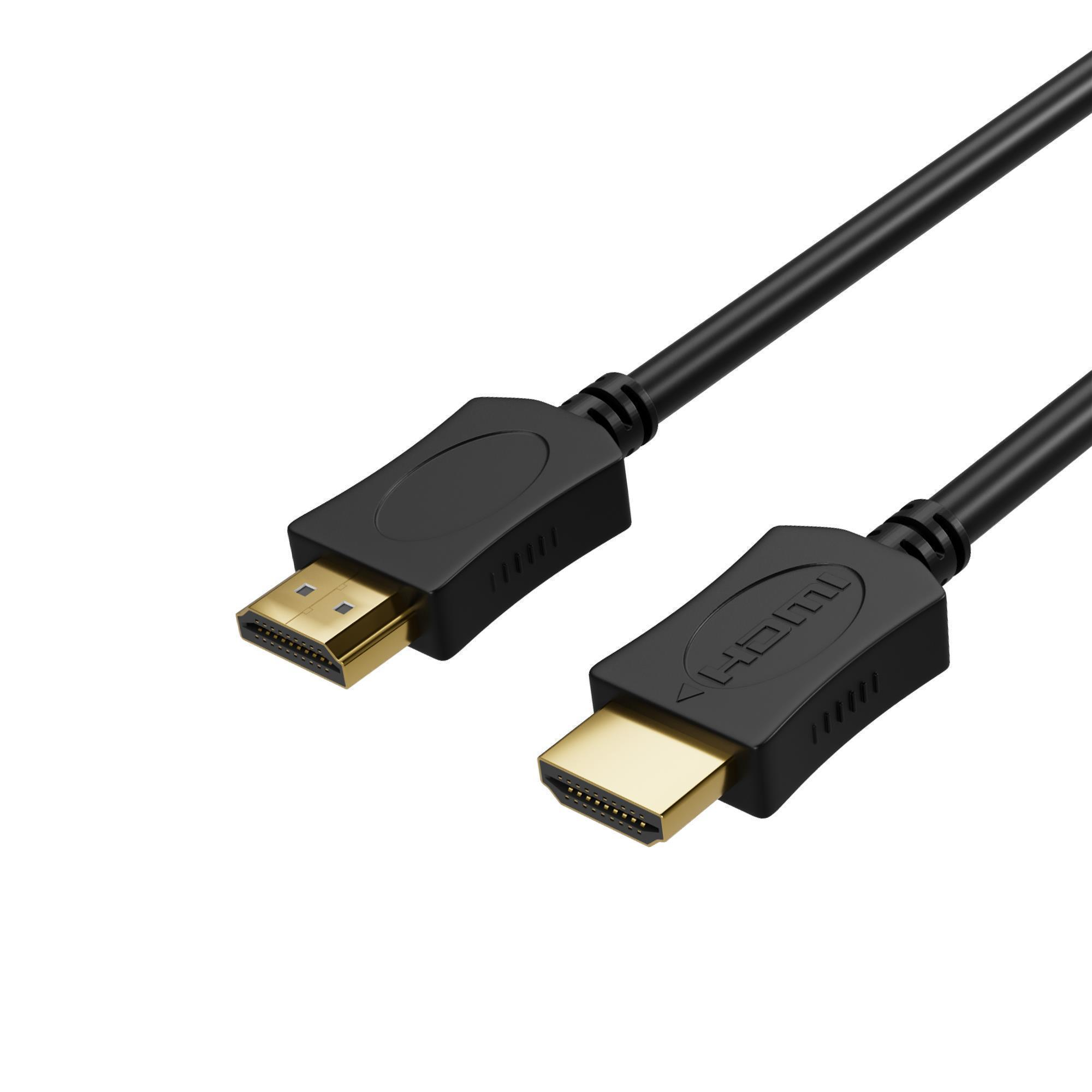 Schwarzes HDMI-Kabel mit goldenen Anschlüssen auf weißem Hintergrund.