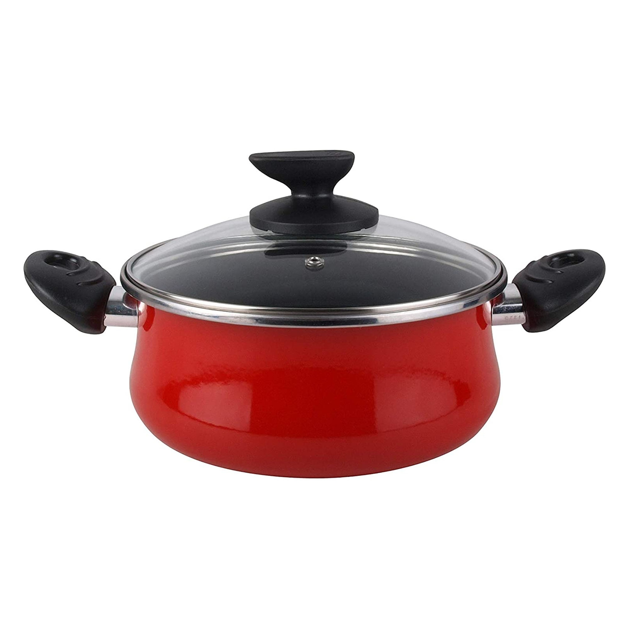 Olla roja con tapa de vidrio y asas negras, sobre fondo blanco.