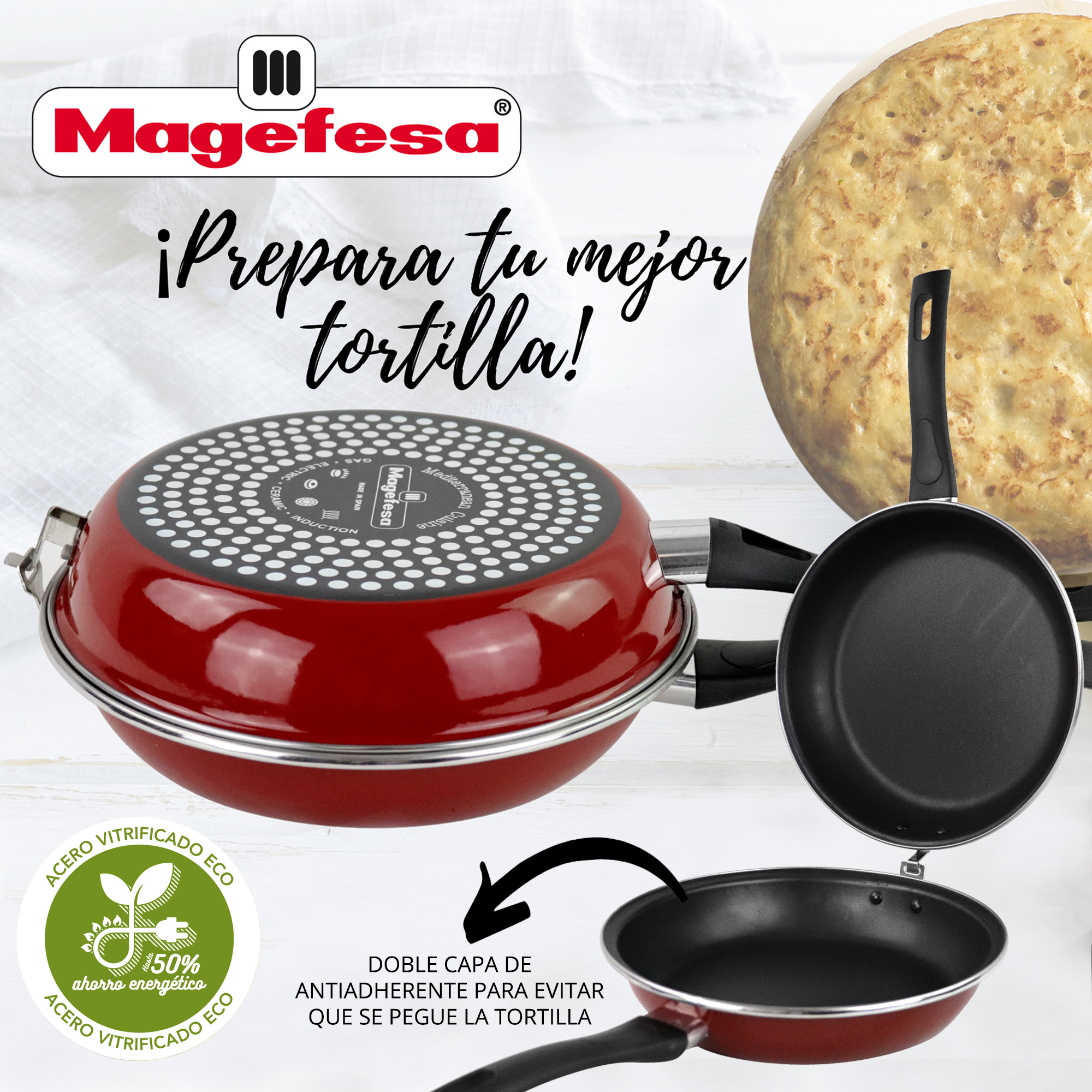 Una sartén roja en una estufa con una tortilla y una sartén más pequeña. Texto en español: '¡Prepara tu mejor tortilla!'
