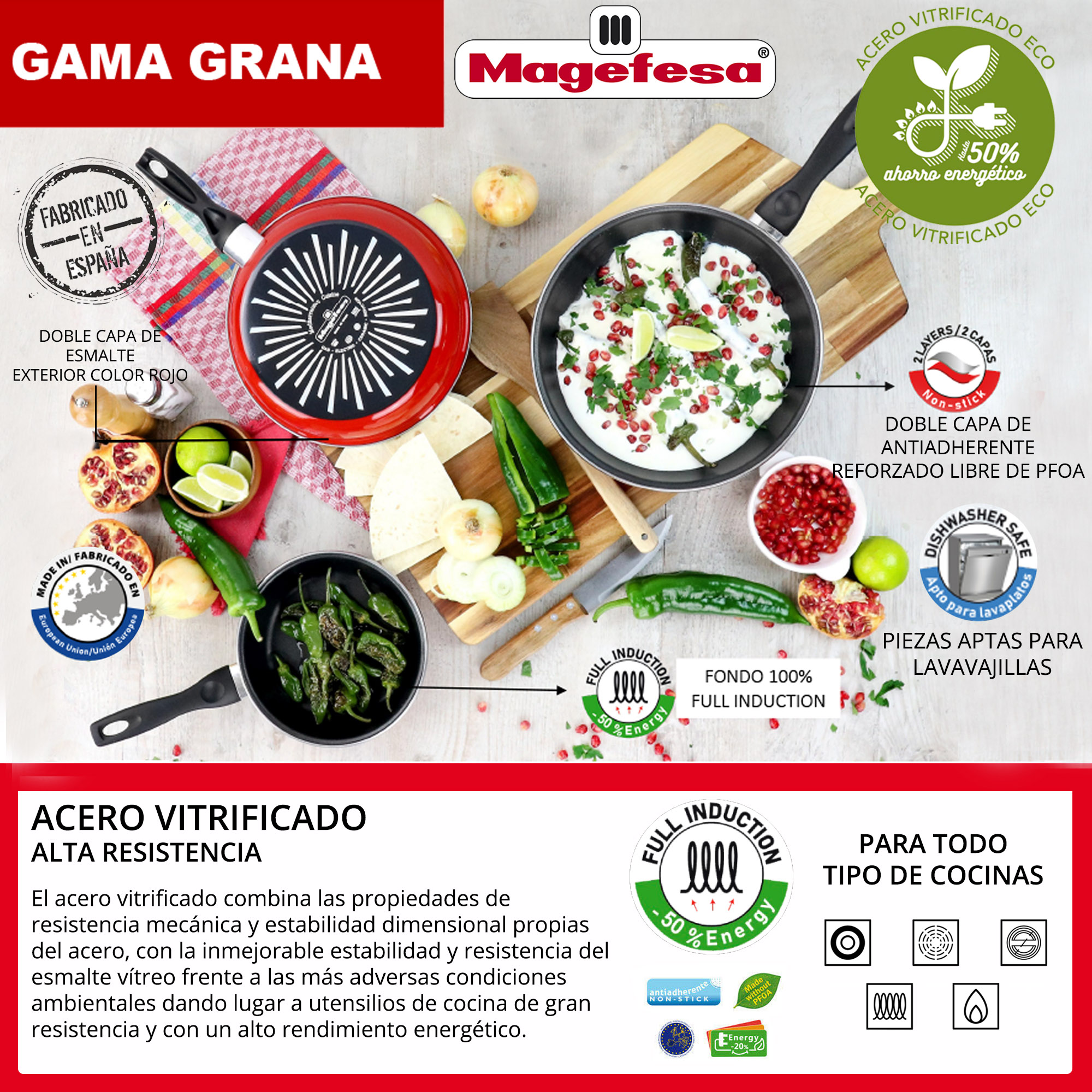 Sartenes con comida e ingredientes. Sartén roja con diseño blanco. Verduras y frutas en la mesa de madera.