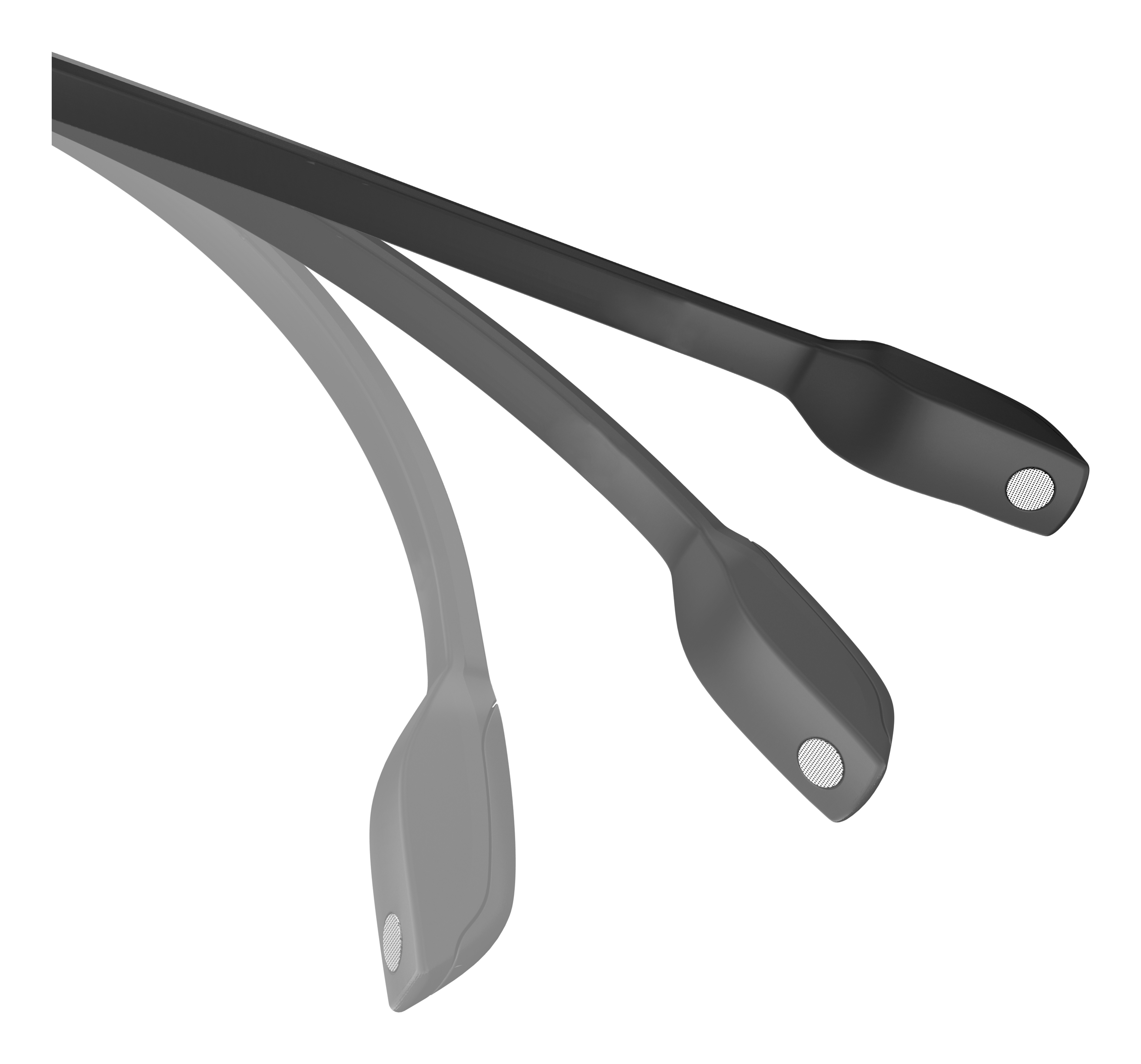 Zausszniki okularów w trzech kolorach: szarym, ciemnoszarym i czarnym. Białe tło.