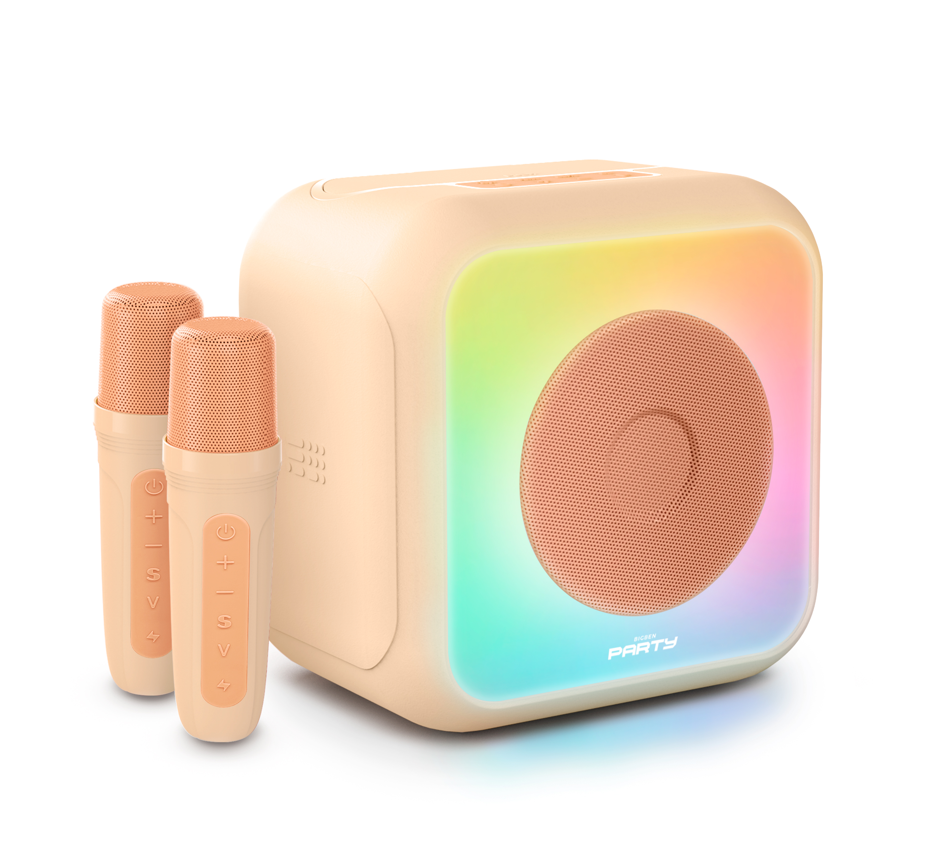 Altavoz de fiesta con micrófonos. El altavoz es beige con luces coloridas.