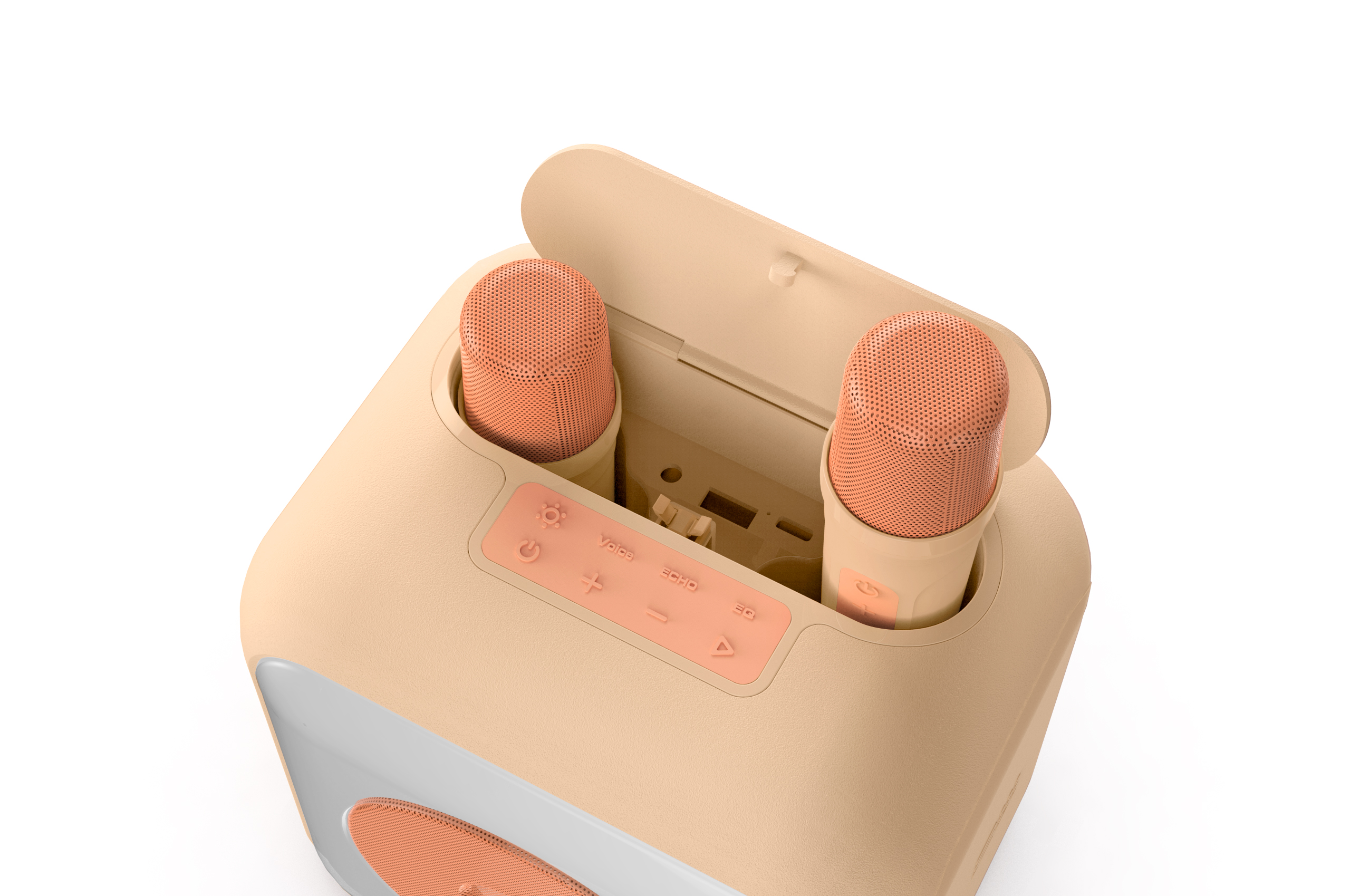 Máquina de karaoke color beige con dos micrófonos sobre fondo blanco.