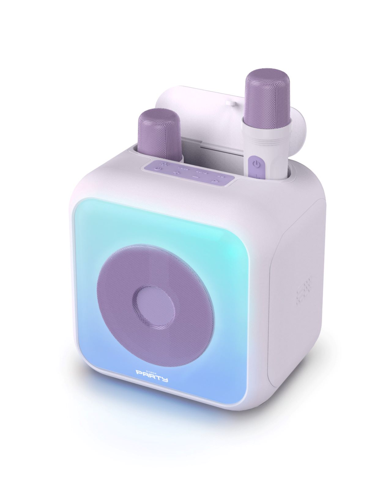 Altavoz blanco con dos micrófonos morados. Luz azul y morada en la parte delantera.