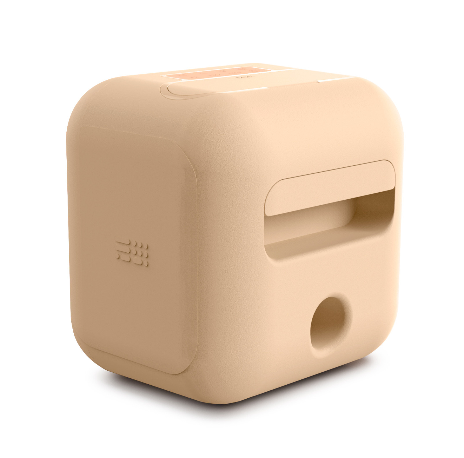 Dispositivo beige, cuadrado. Tiene un agujero, botones y forma de asa.