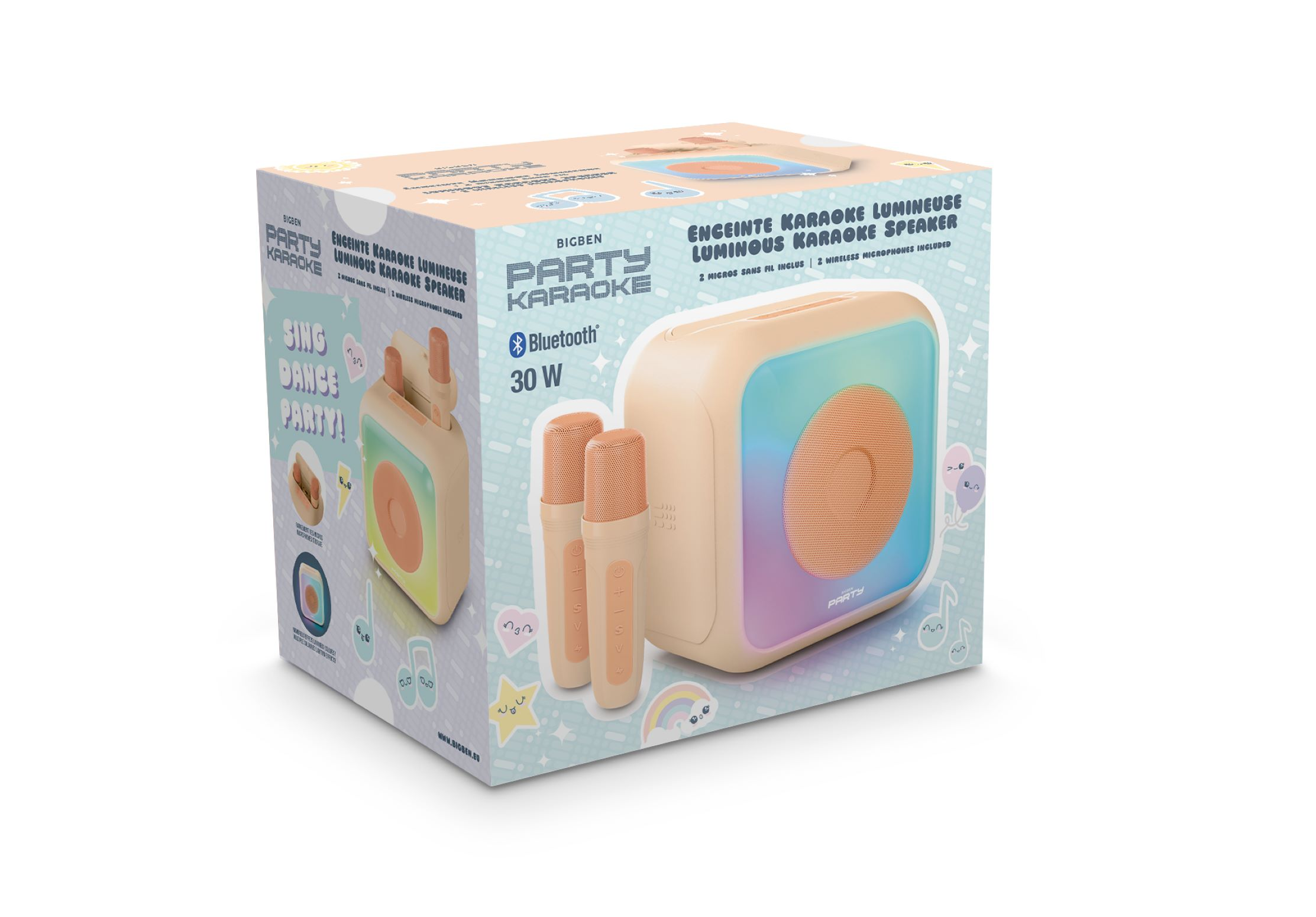 Caja Bigben Party Karaoke: altavoz, dos micros y logo Bluetooth, fondo blanco.