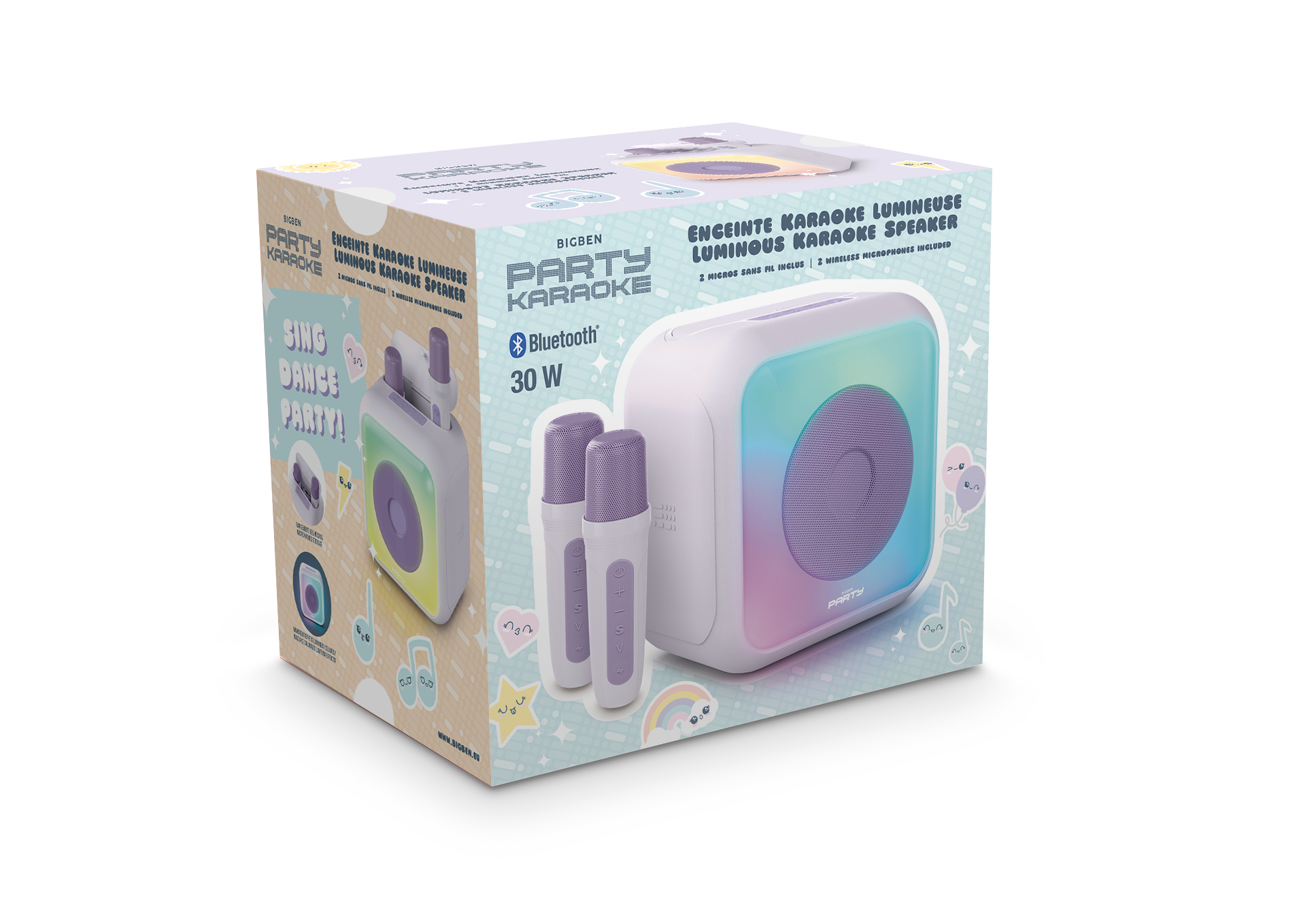 Juego de altavoces de fiesta karaoke con dos micrófonos. Luces blancas y coloridas.