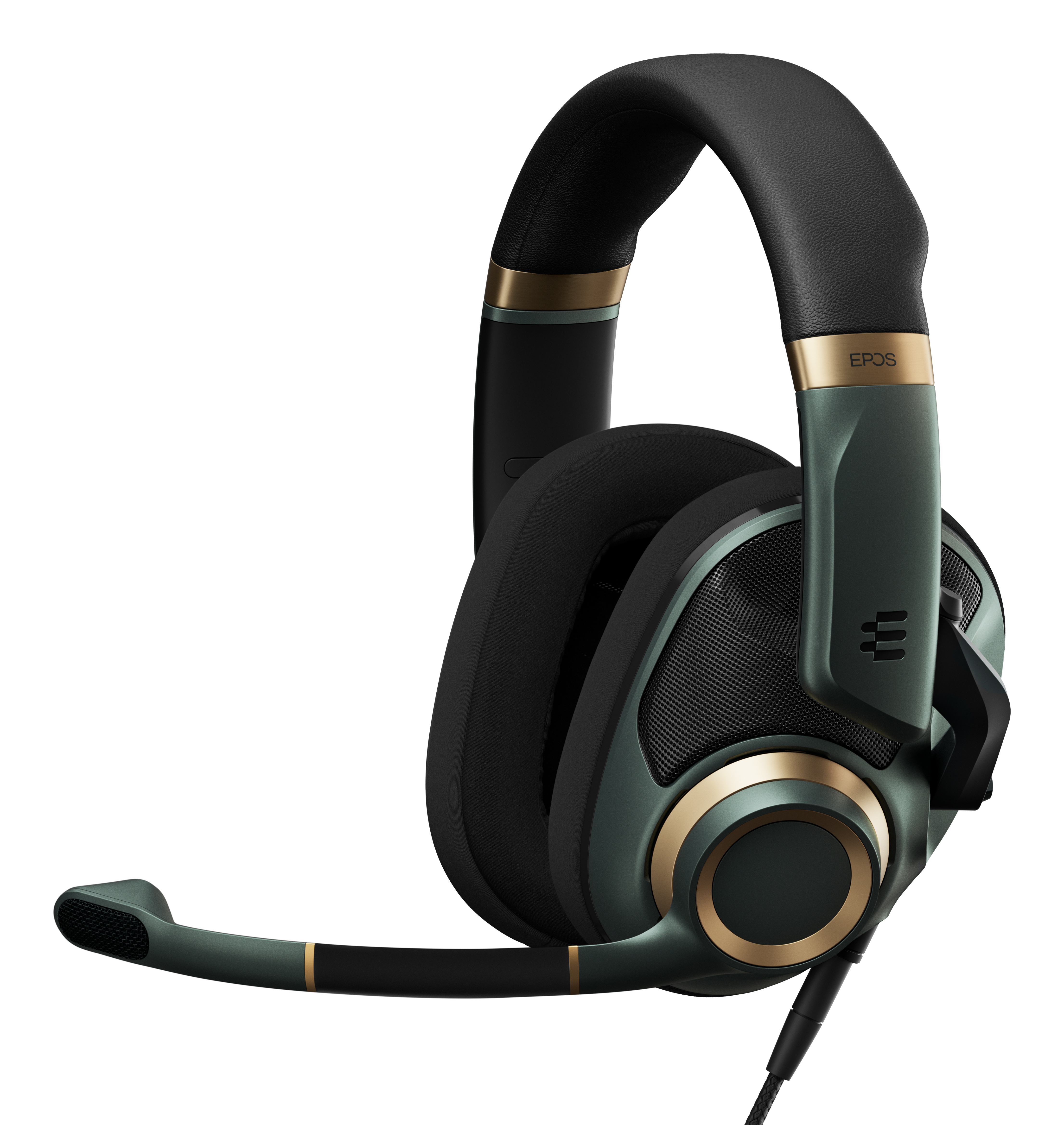 Zielony i złoty zestaw słuchawkowy z mikrofonem, widok z boku na białym tle.