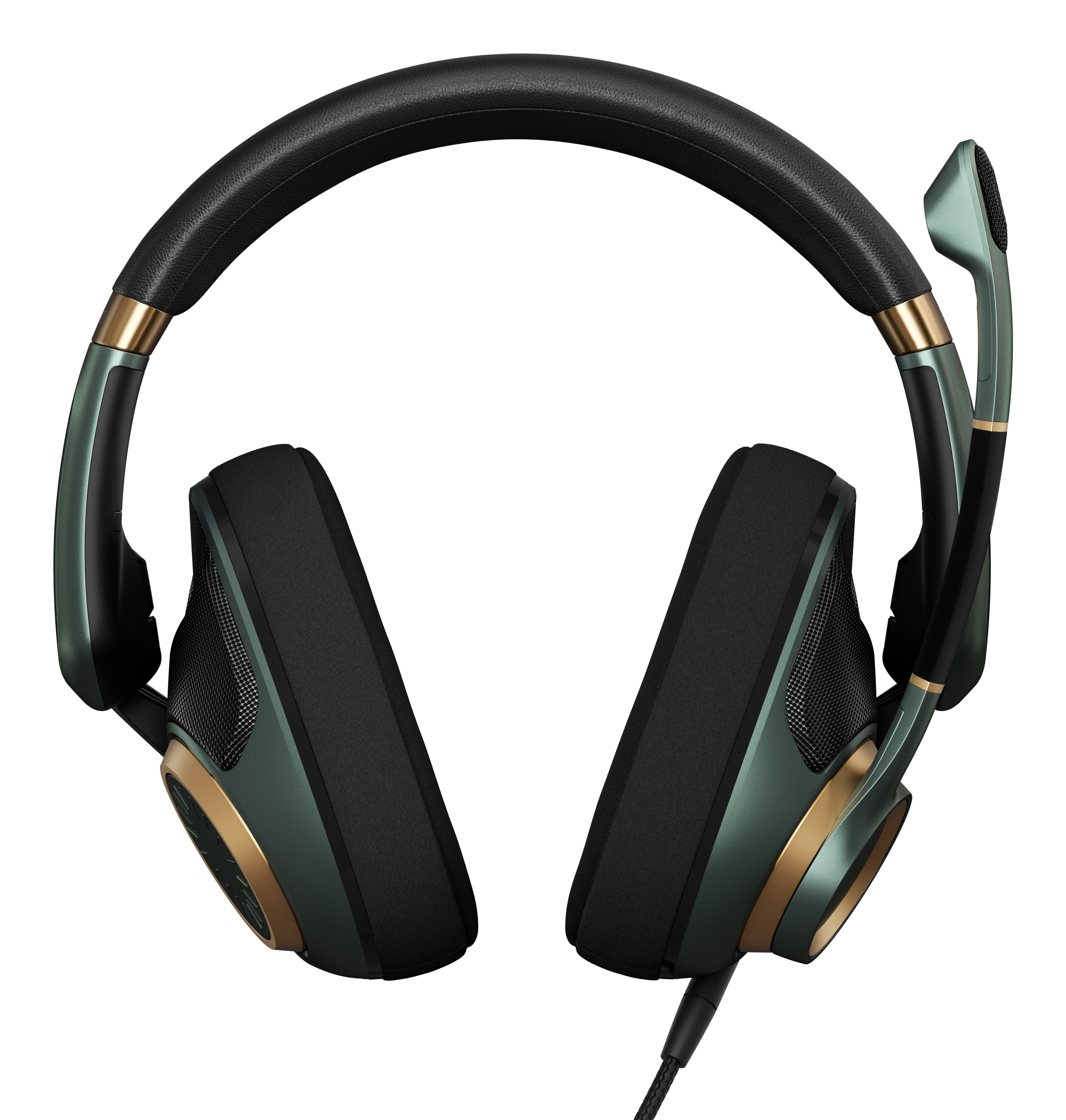 Zielone i czarne słuchawki z mikrofonem, na białym tle.