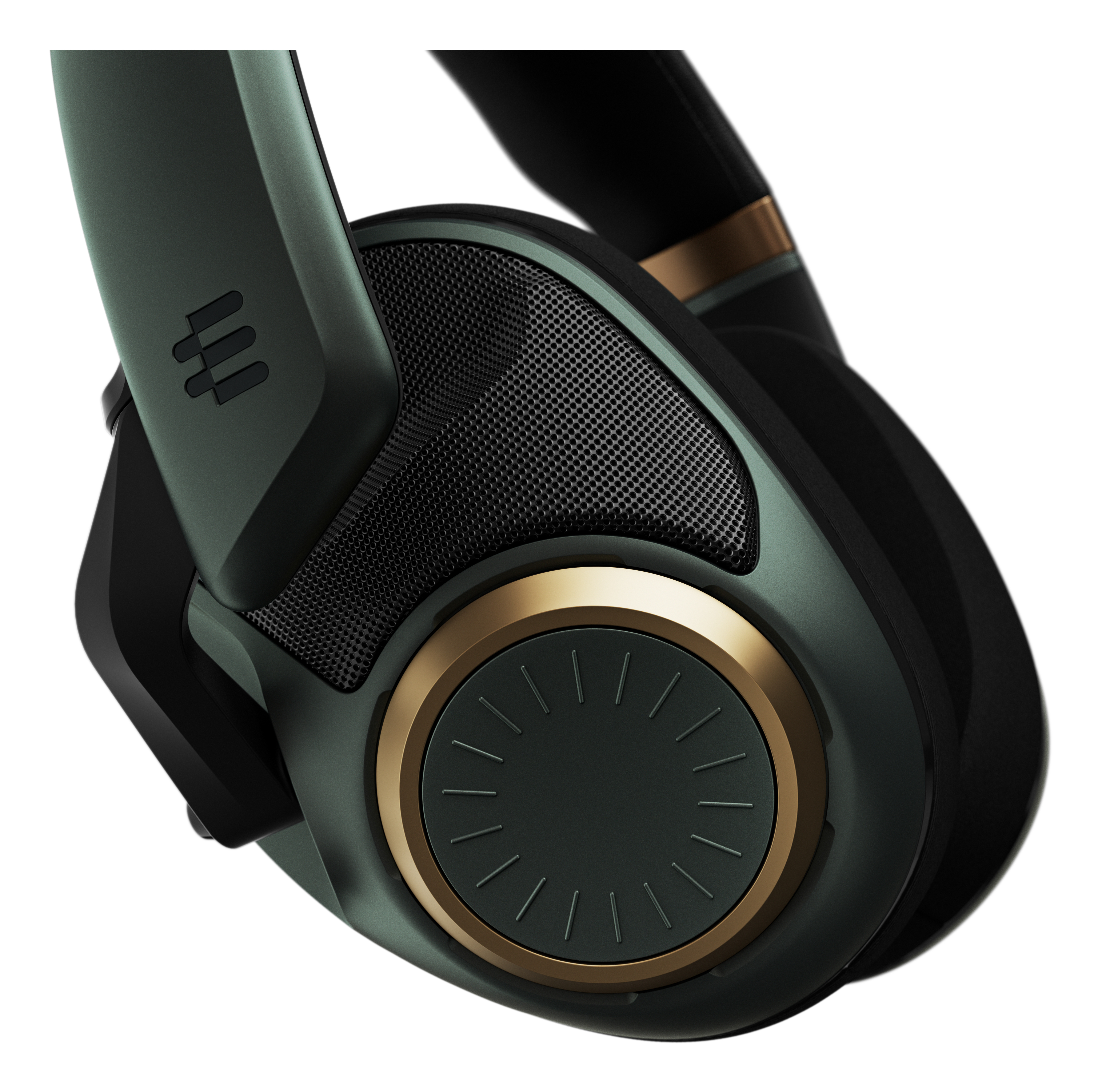 Zbliżenie zielonej słuchawki z złotymi detalami i siatkowym ekranem.