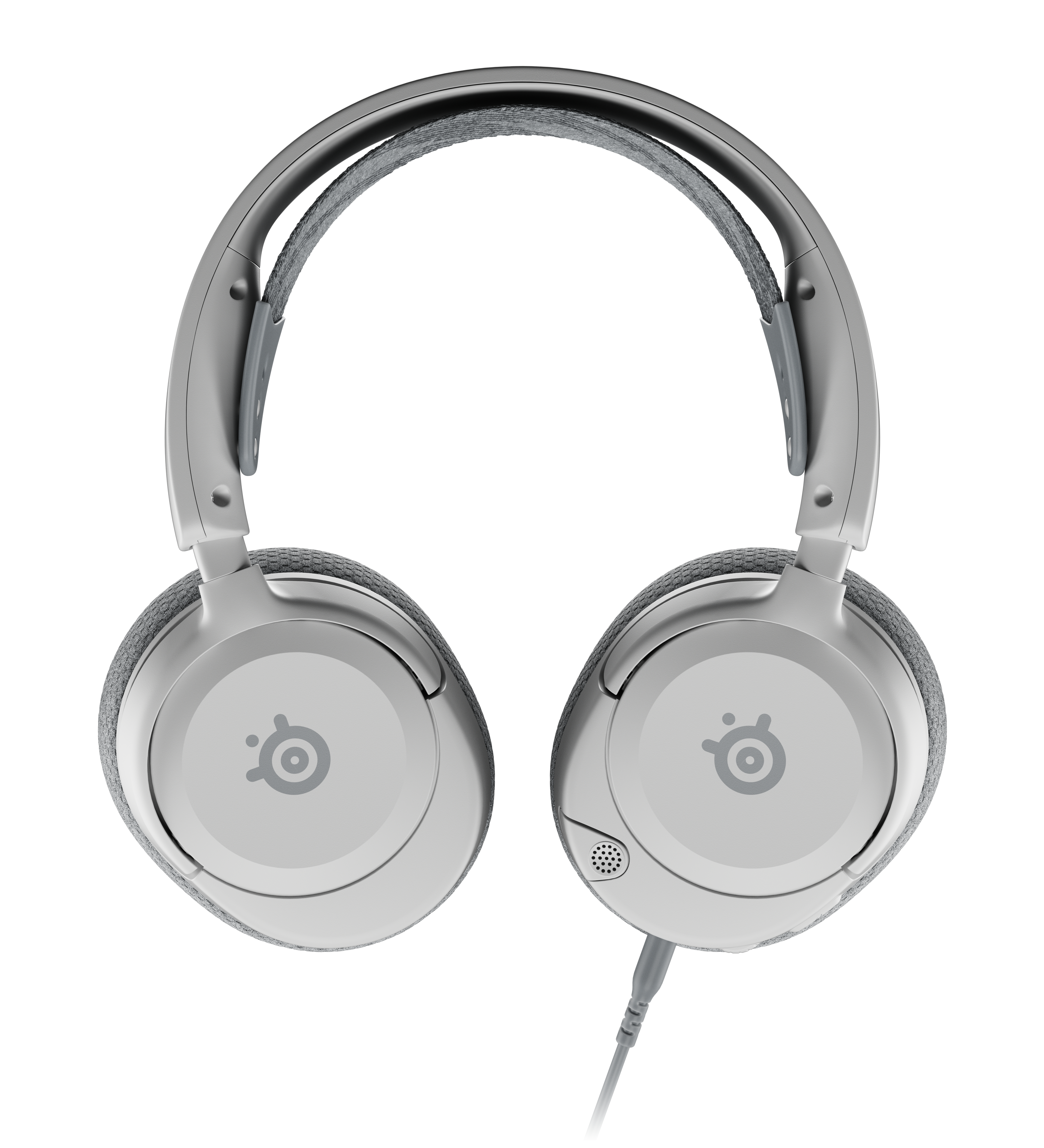 Weiße Over-Ear-Kopfhörer mit grauer Polsterung. Die Ohrmuscheln haben das SteelSeries-Logo.