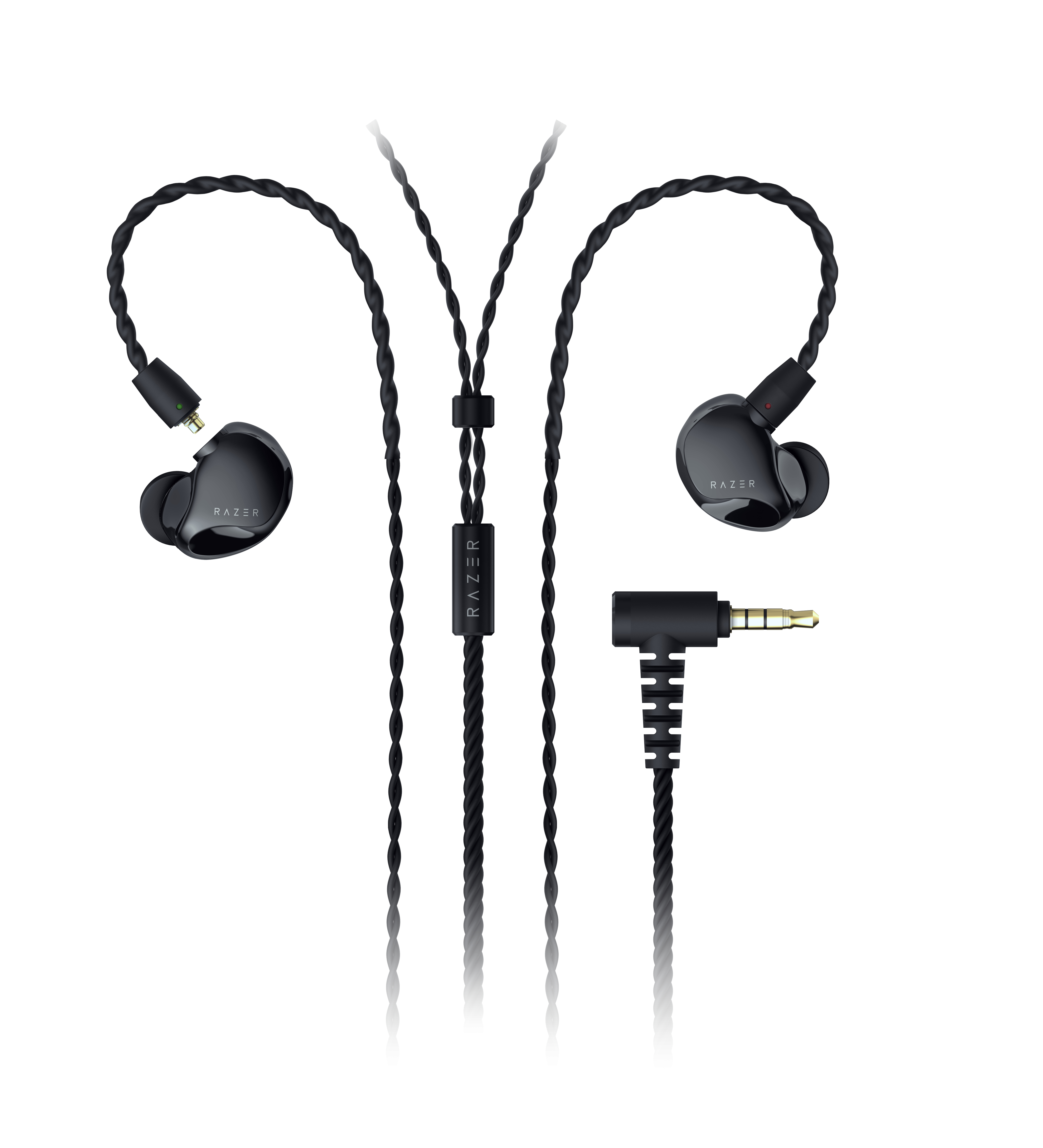 Auriculares negros con cable y clavija. Los auriculares tienen un diseño curvo.