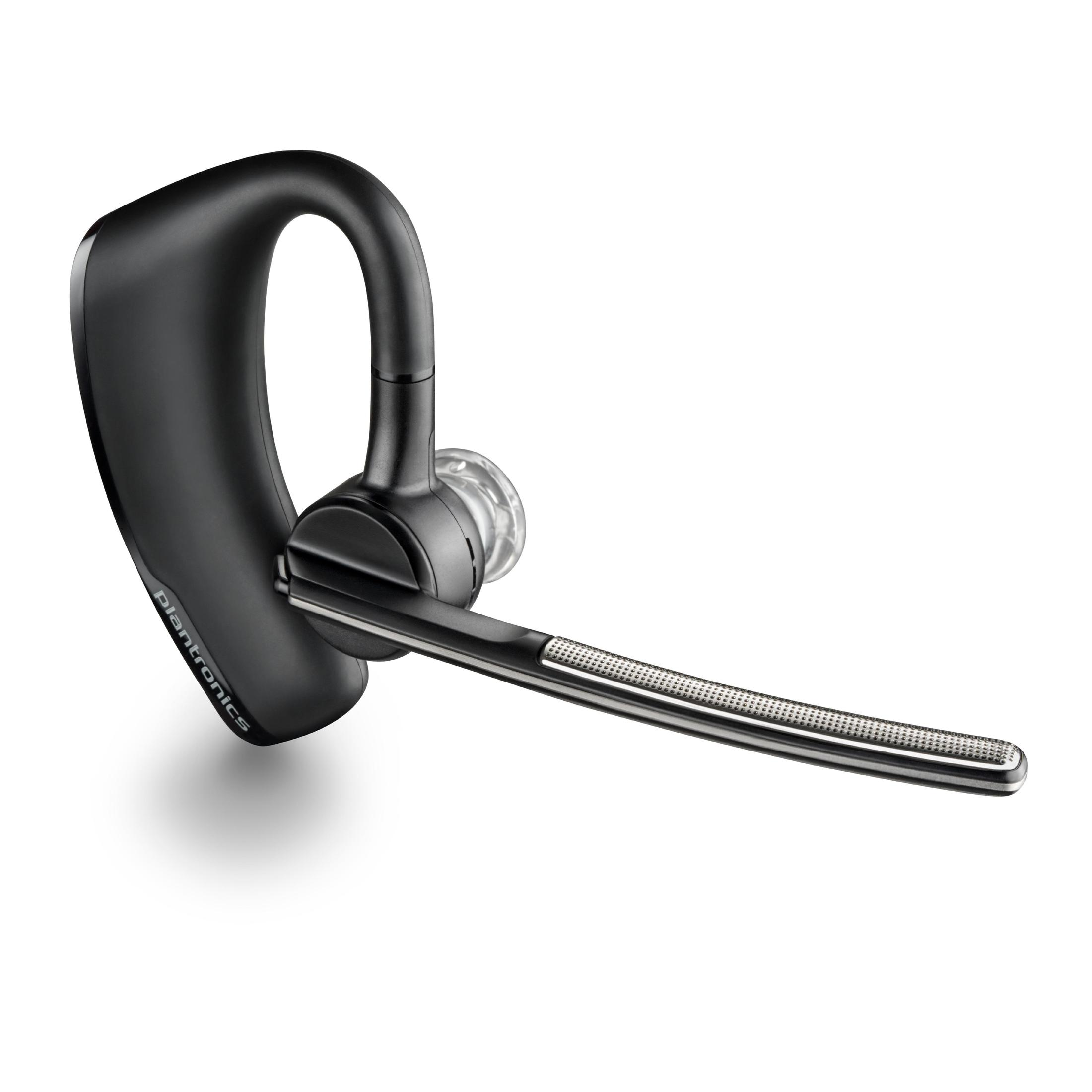 Cuffia Bluetooth Plantronics nera con braccio del microfono e auricolare trasparente.