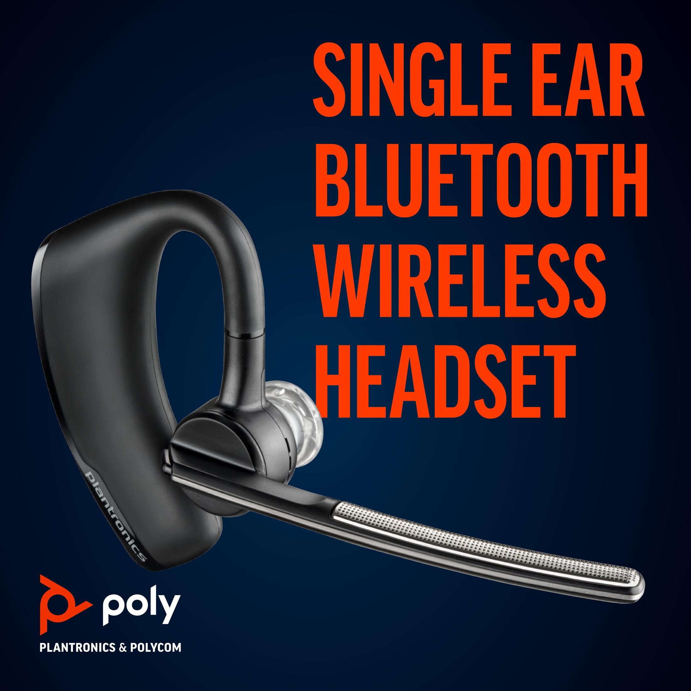 Cuffia wireless nera con testo: Auricolare wireless Bluetooth a orecchio singolo.