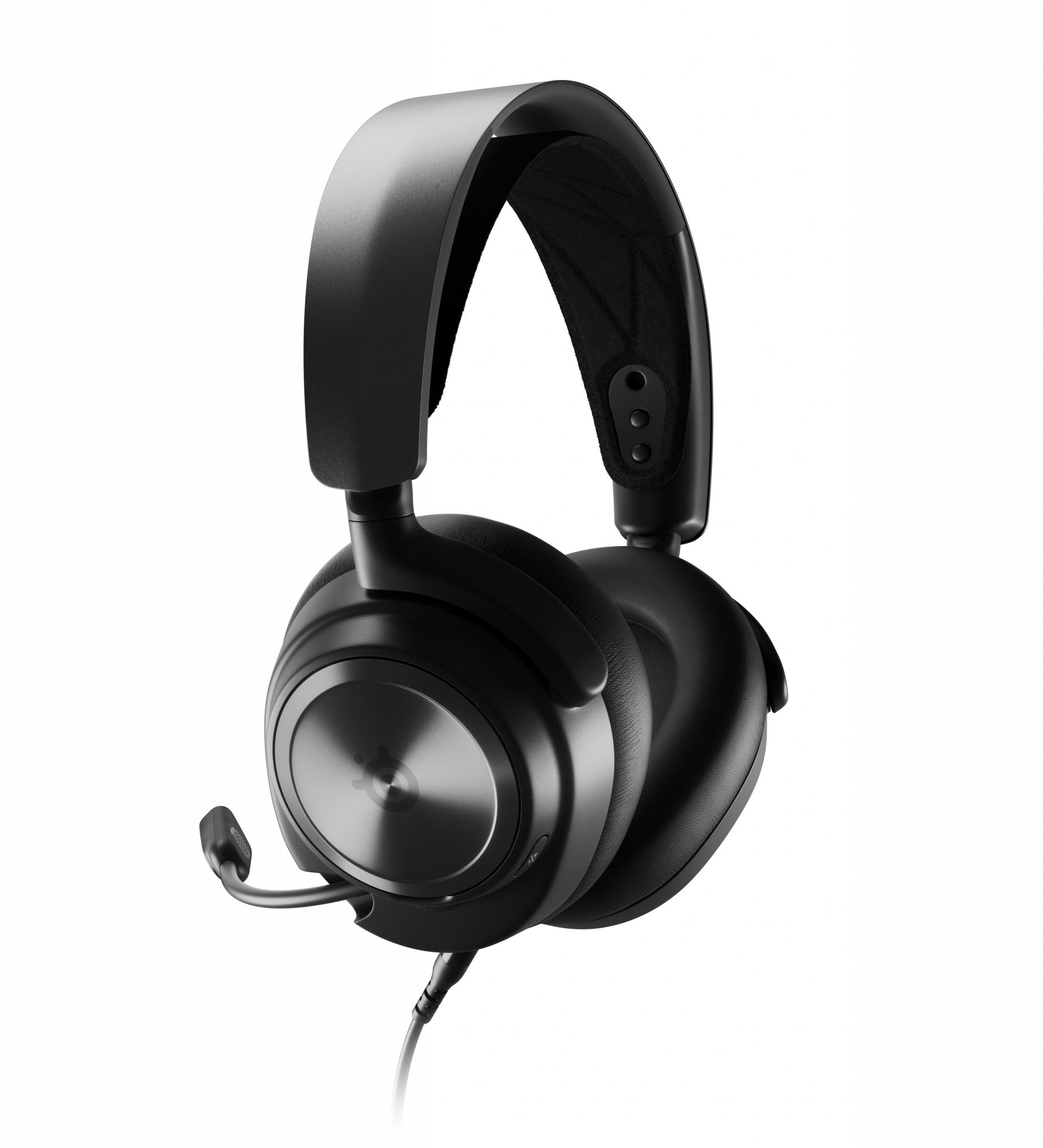 Auriculares para juegos SteelSeries negros con micrófono, sobre fondo blanco.