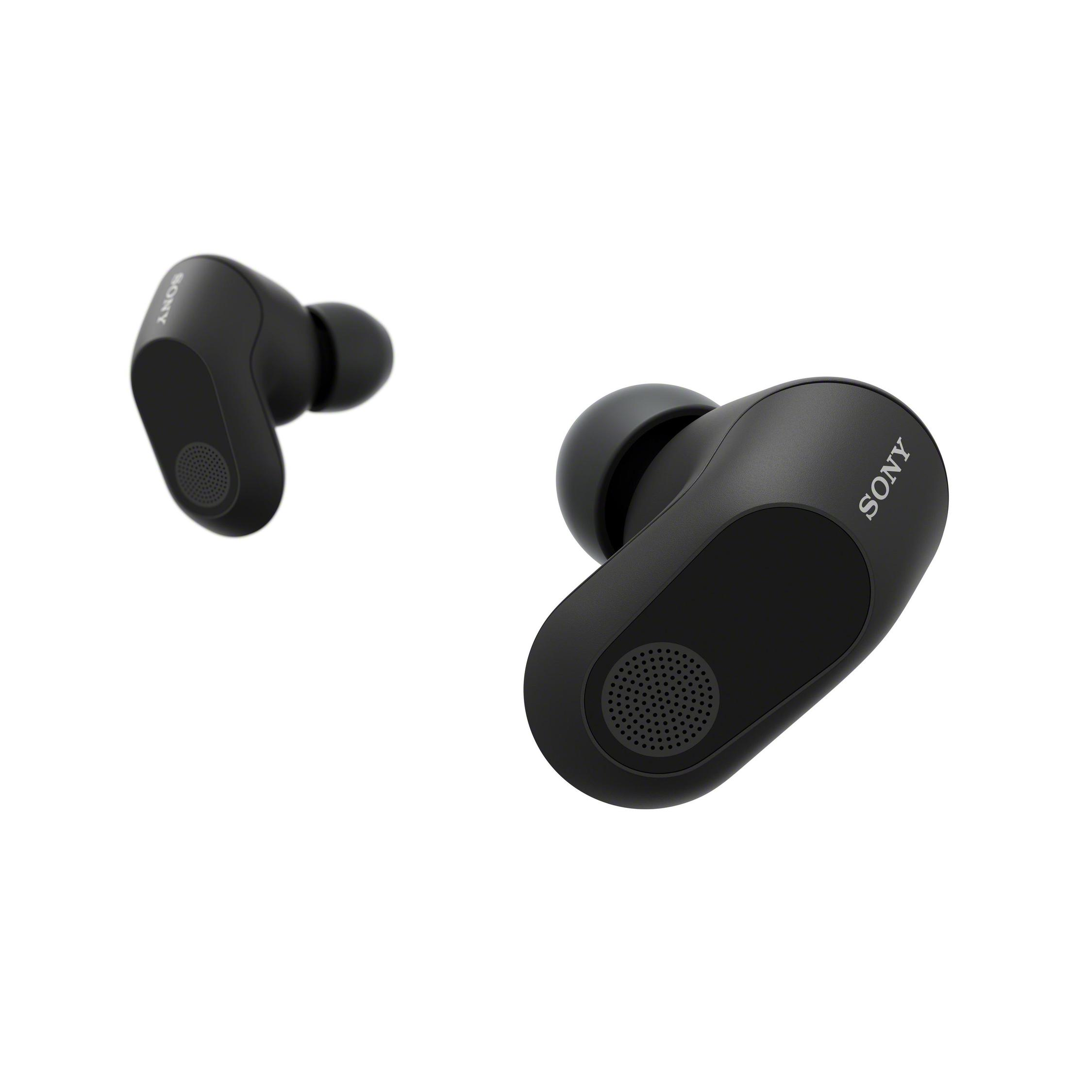 Two black wireless earbuds, angled, 'SONY' text on the side, white background.