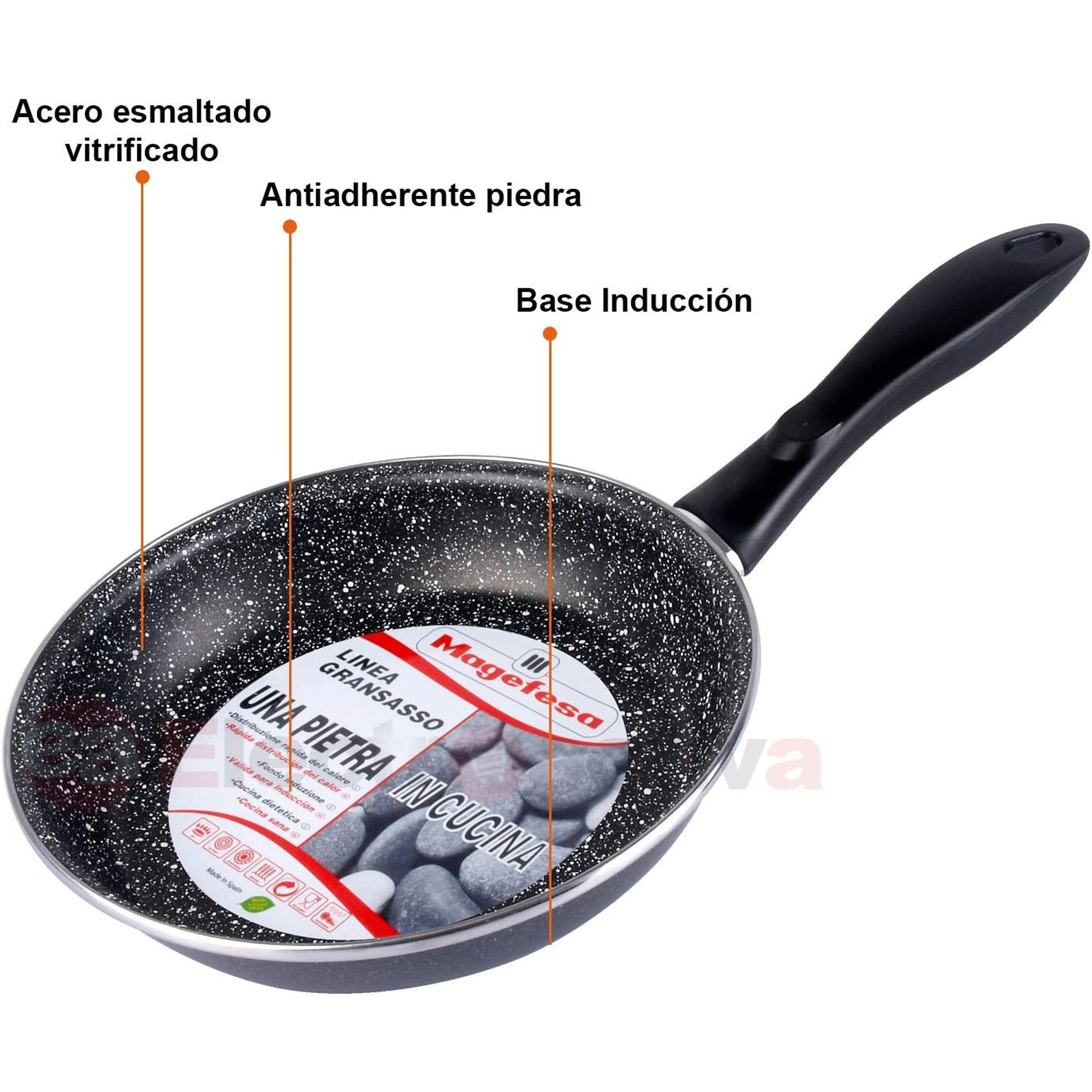 Sartén con textura de piedra, mostrando etiquetas en español.