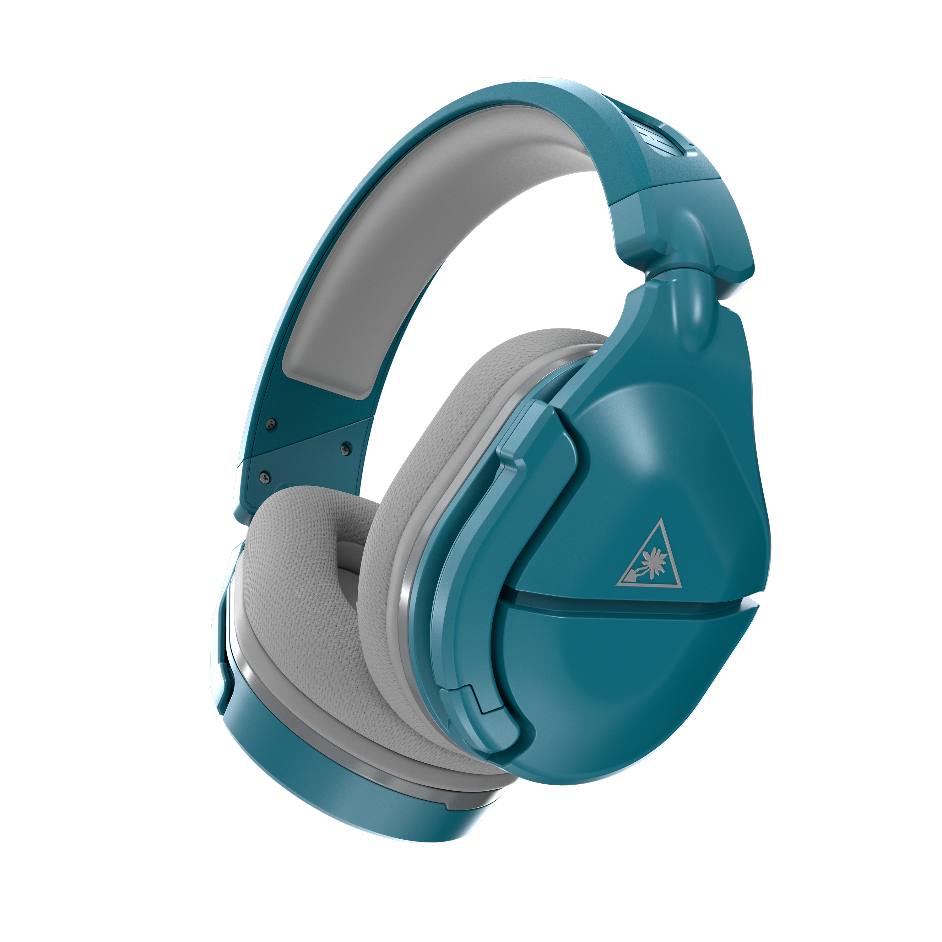 Auriculares turquesa y grises. Los auriculares están sobre un fondo blanco.