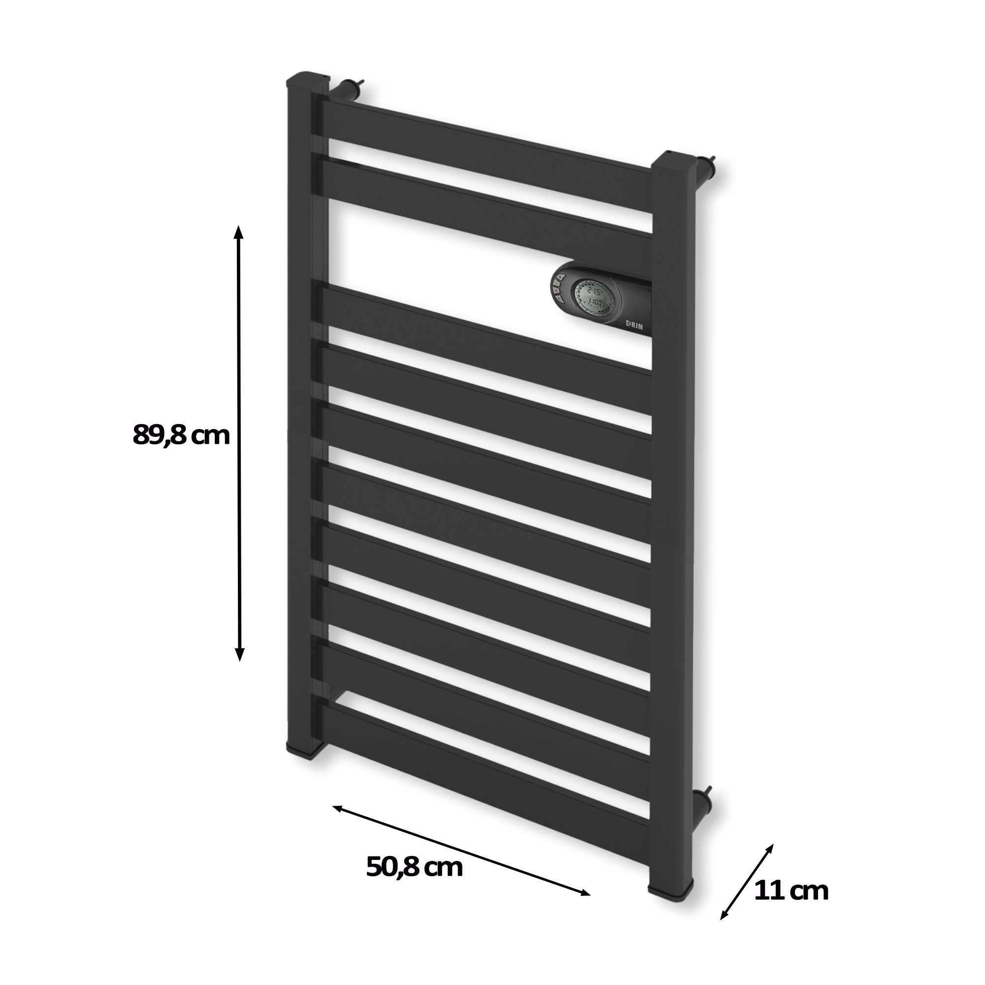 Se muestra un toallero calefactado rectangular negro. Las dimensiones y mediciones se muestran junto a él.
