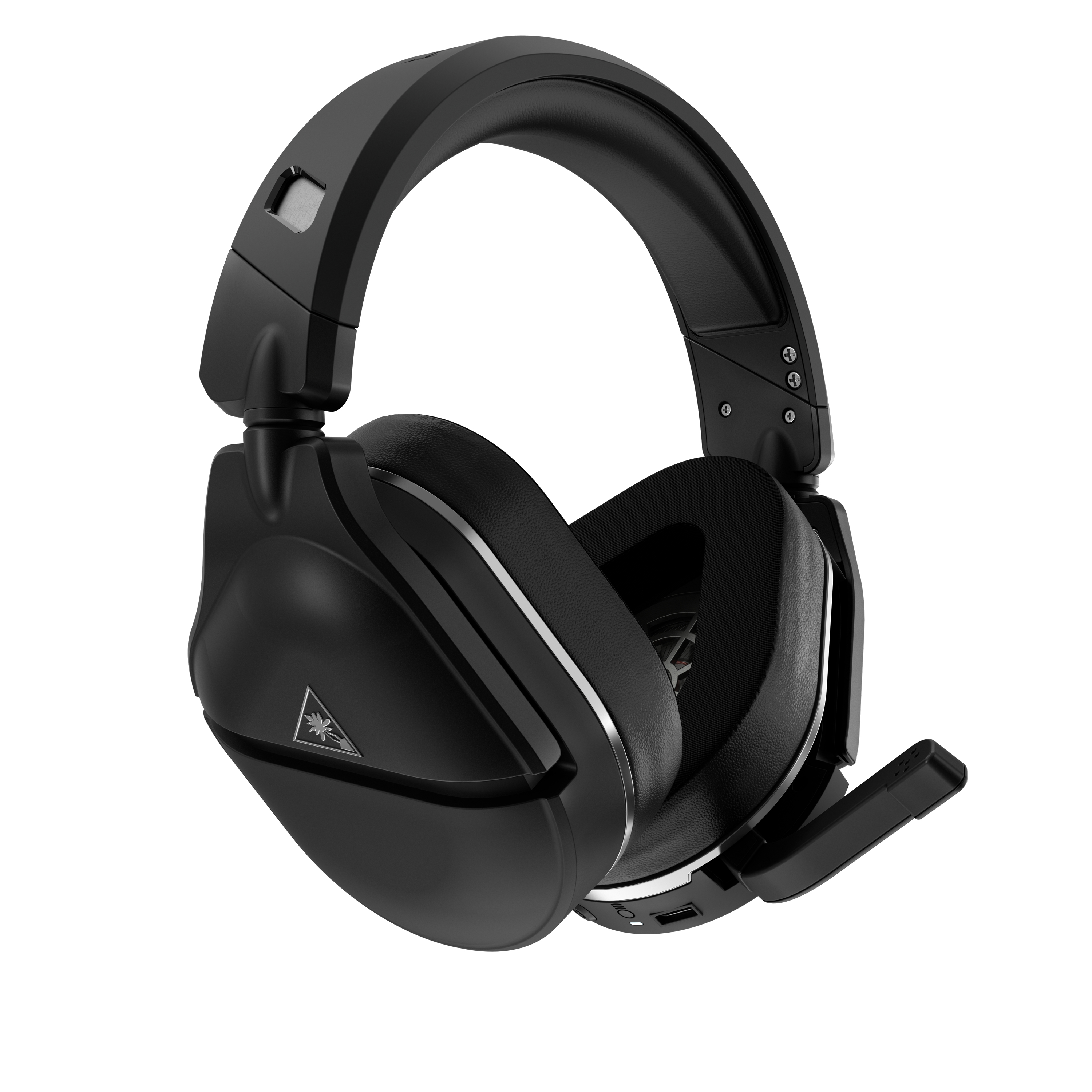 Schwarzes Gaming-Headset, leicht angewinkelt, mit Mikrofon und Ohrmuscheln.
