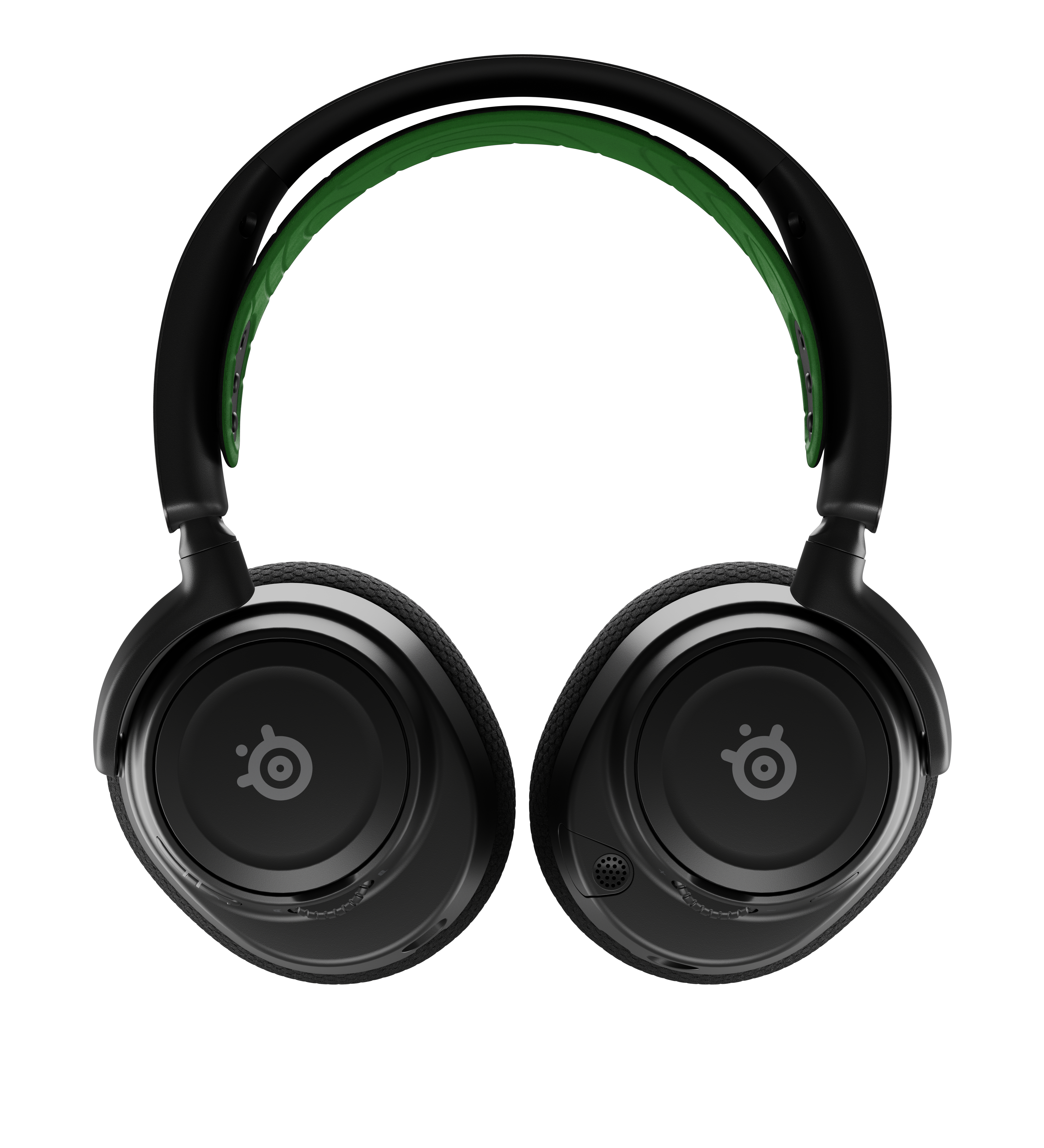 Schwarzes Headset mit grünem Innenband und SteelSeries-Logo auf den Ohrmuscheln.