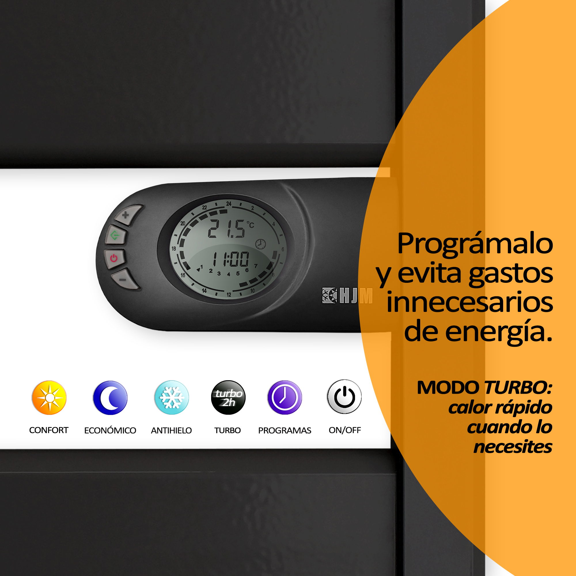 Una pantalla digital con botones y texto en español. El texto sugiere funciones de ahorro de energía.