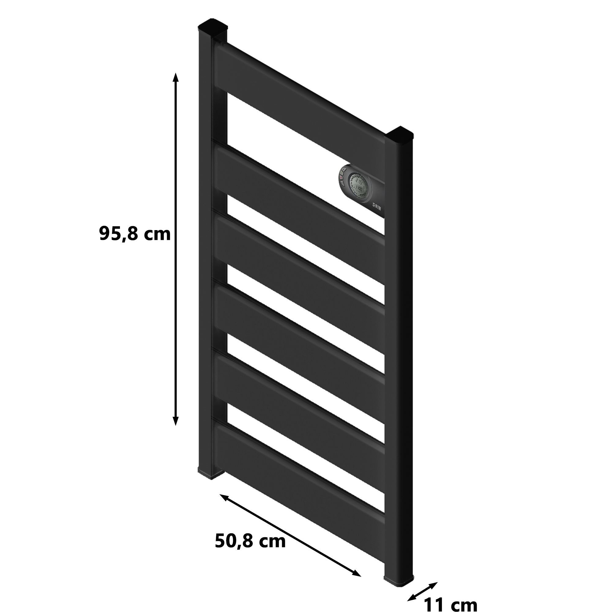 Un toallero negro con dimensiones. Los rieles son horizontales, con elementos de soporte verticales.