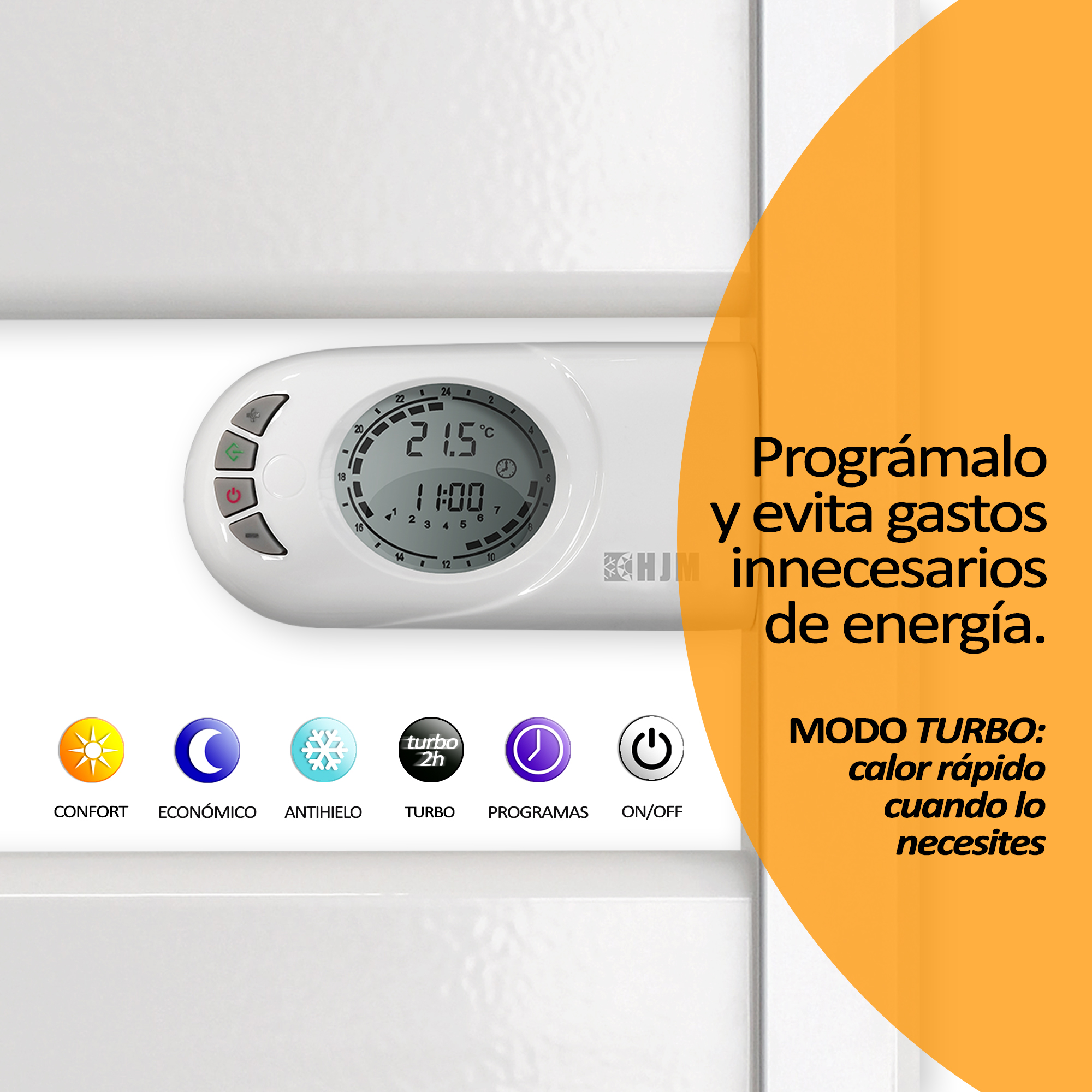 Panel de control blanco con pantalla digital y texto español, fondo naranja.