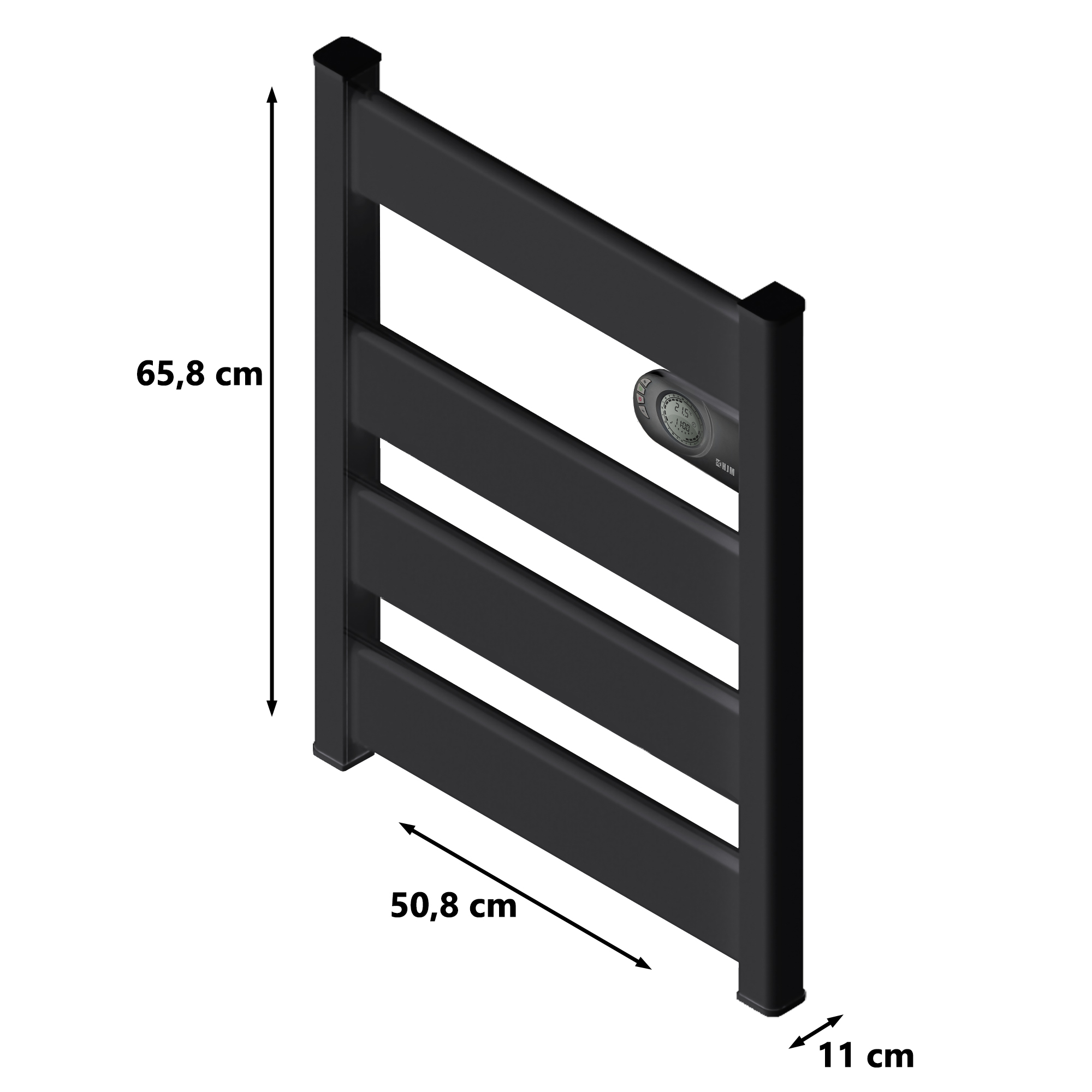 Calentador de toallas negro con dimensiones: 65,8 cm alto, 50,8 cm ancho y 11 cm de profundidad.