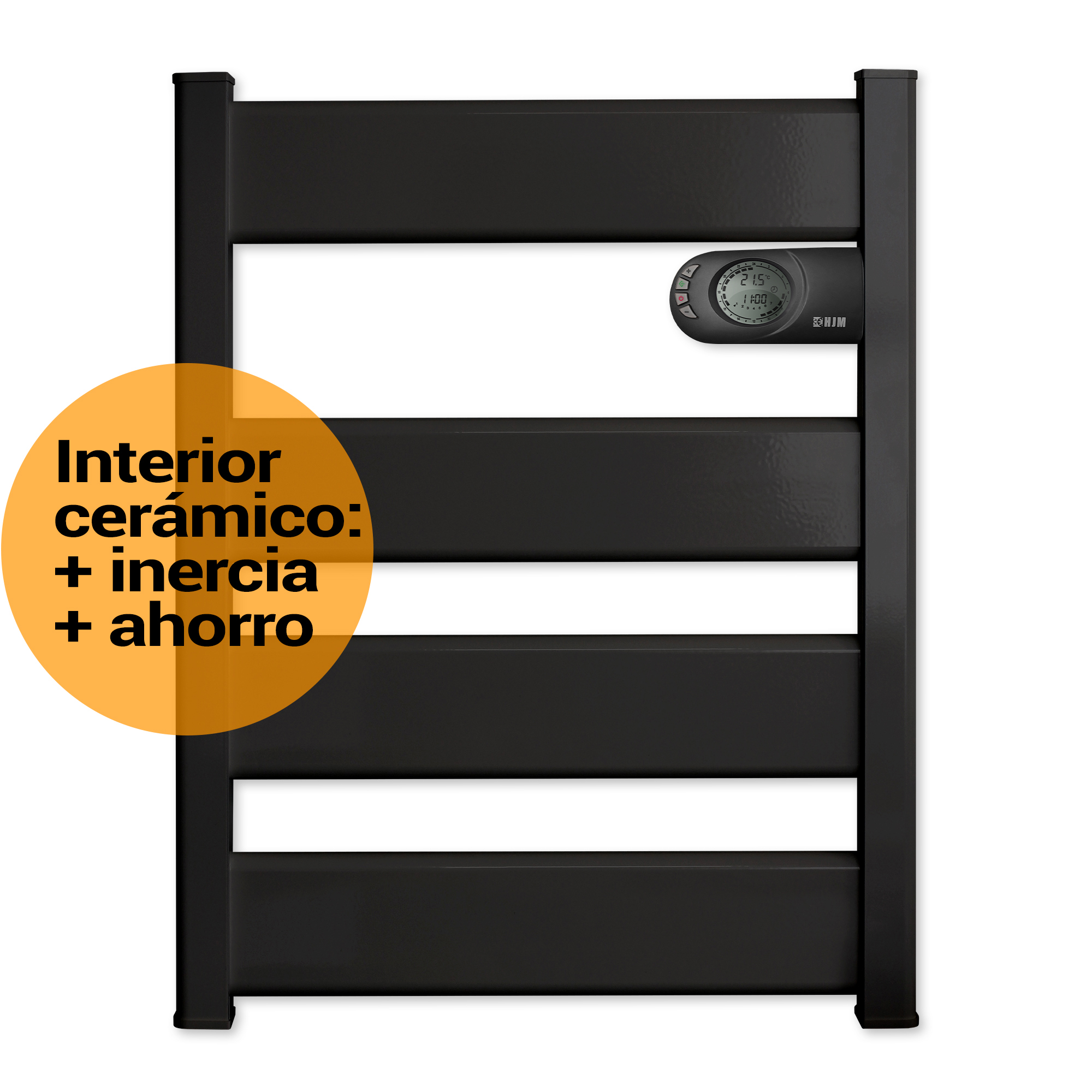 Un toallero térmico negro con pantalla digital. El toallero tiene un diseño sencillo.