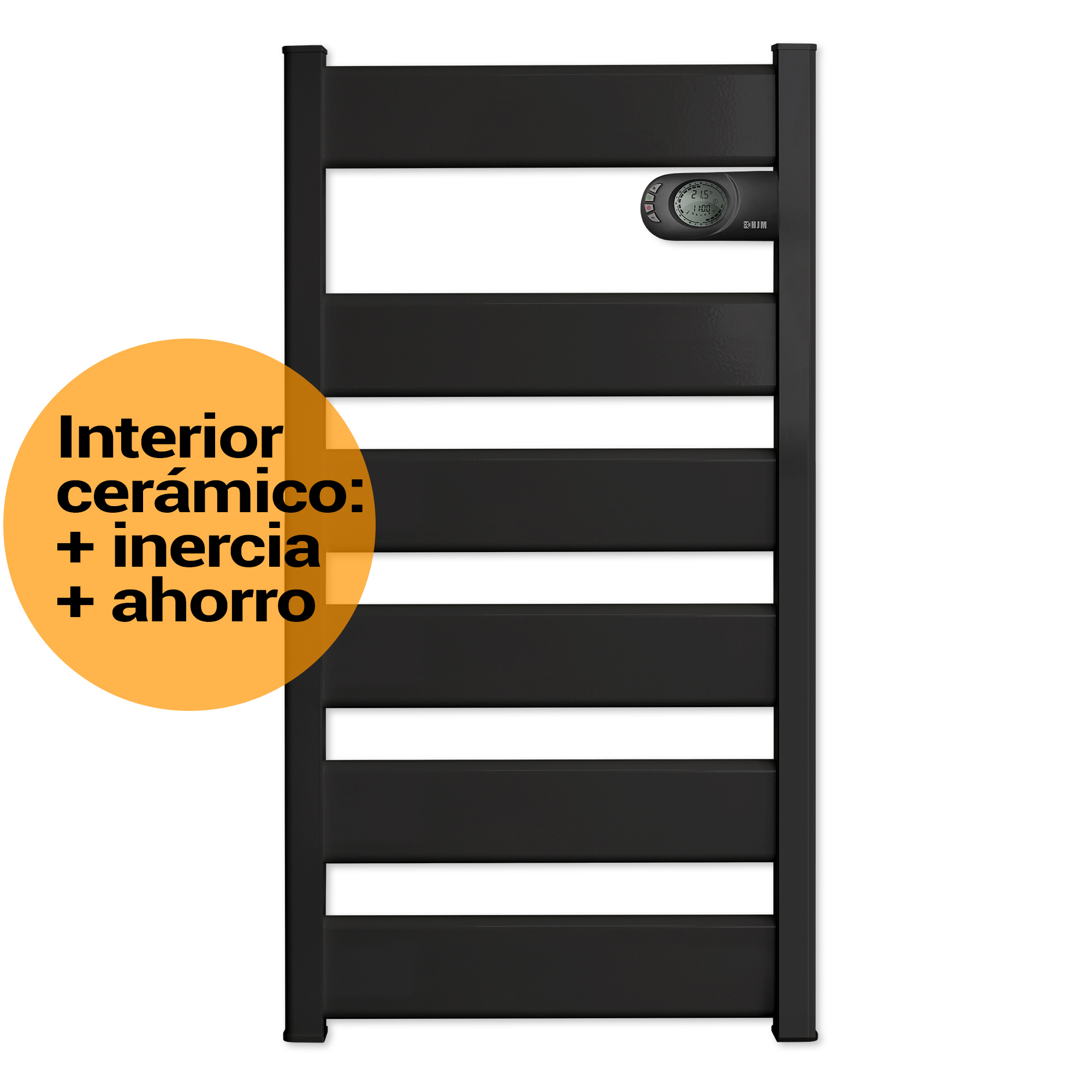 Calentador de toallas negro con pantalla digital. Superposición de texto: Cerámica interior, inercia, más ahorro.