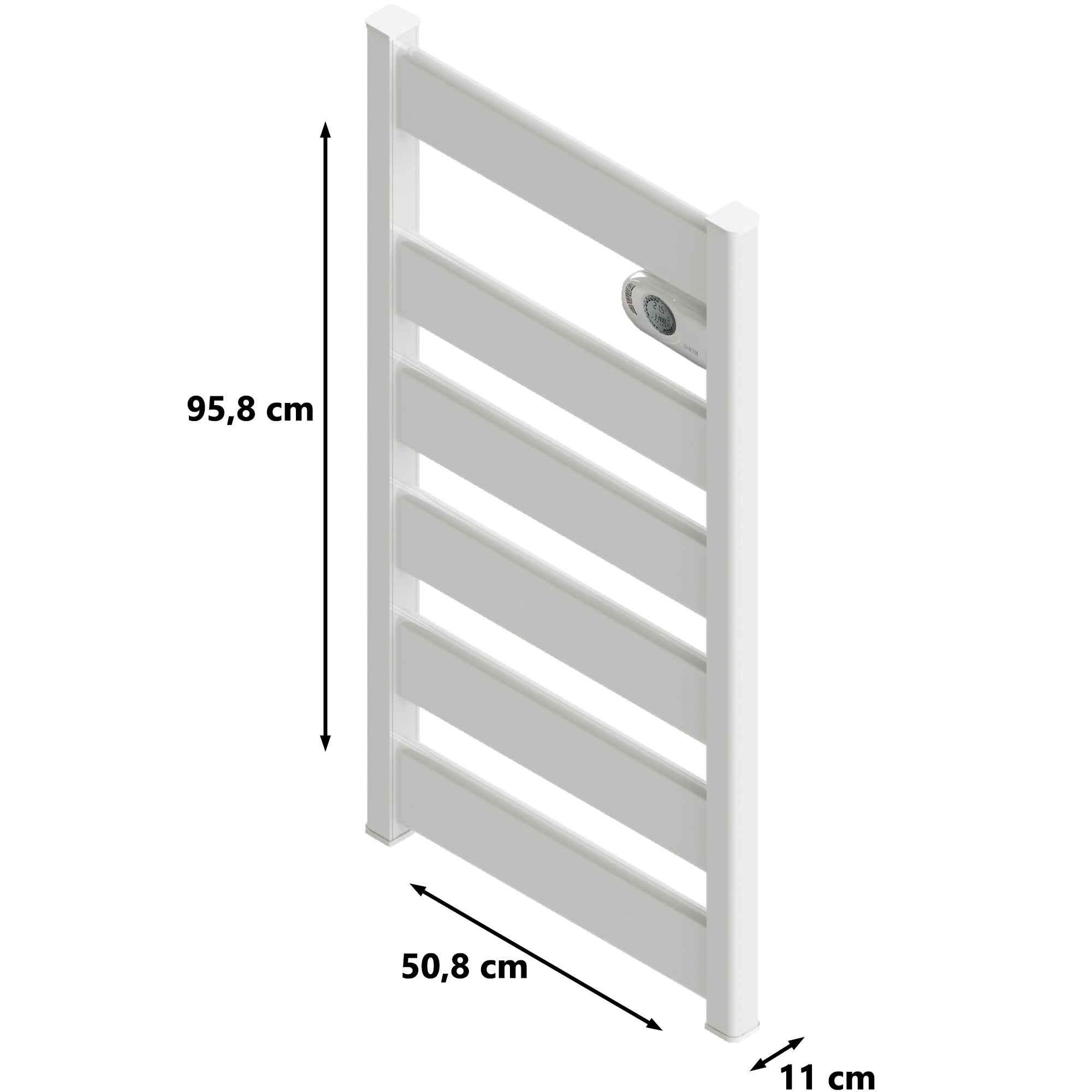 Calientatoallas blanco con barras horizontales y dimensiones: 95.8cm x 50.8cm x 11cm.